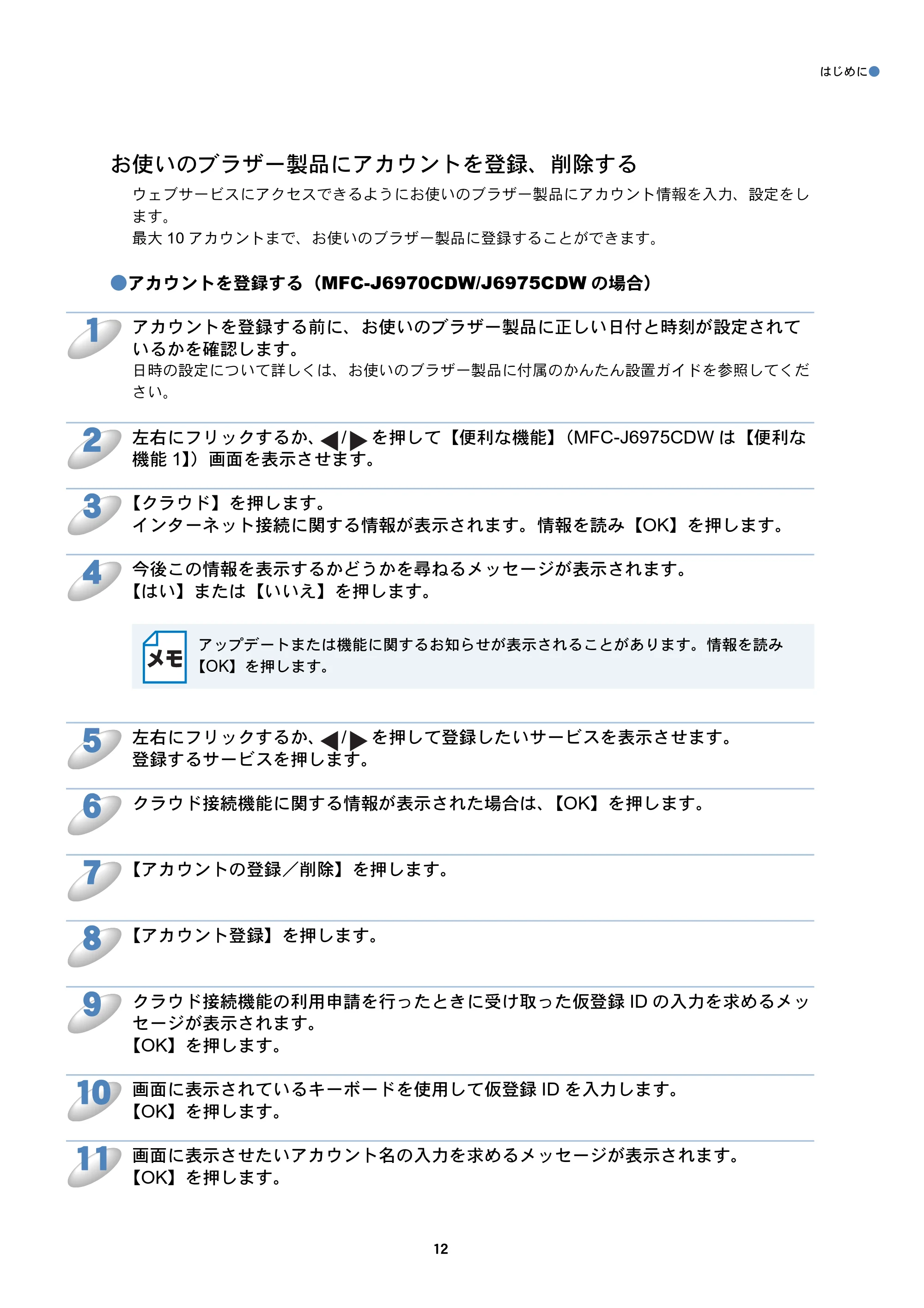 ブラザー MFC-J6770CDW / MFC-J6975CDW / MFC-J6570CDW クラウド接続ガイド — お使いのブラザー製品にアカウントを登録、削除する — 原本ページ — 12ページ