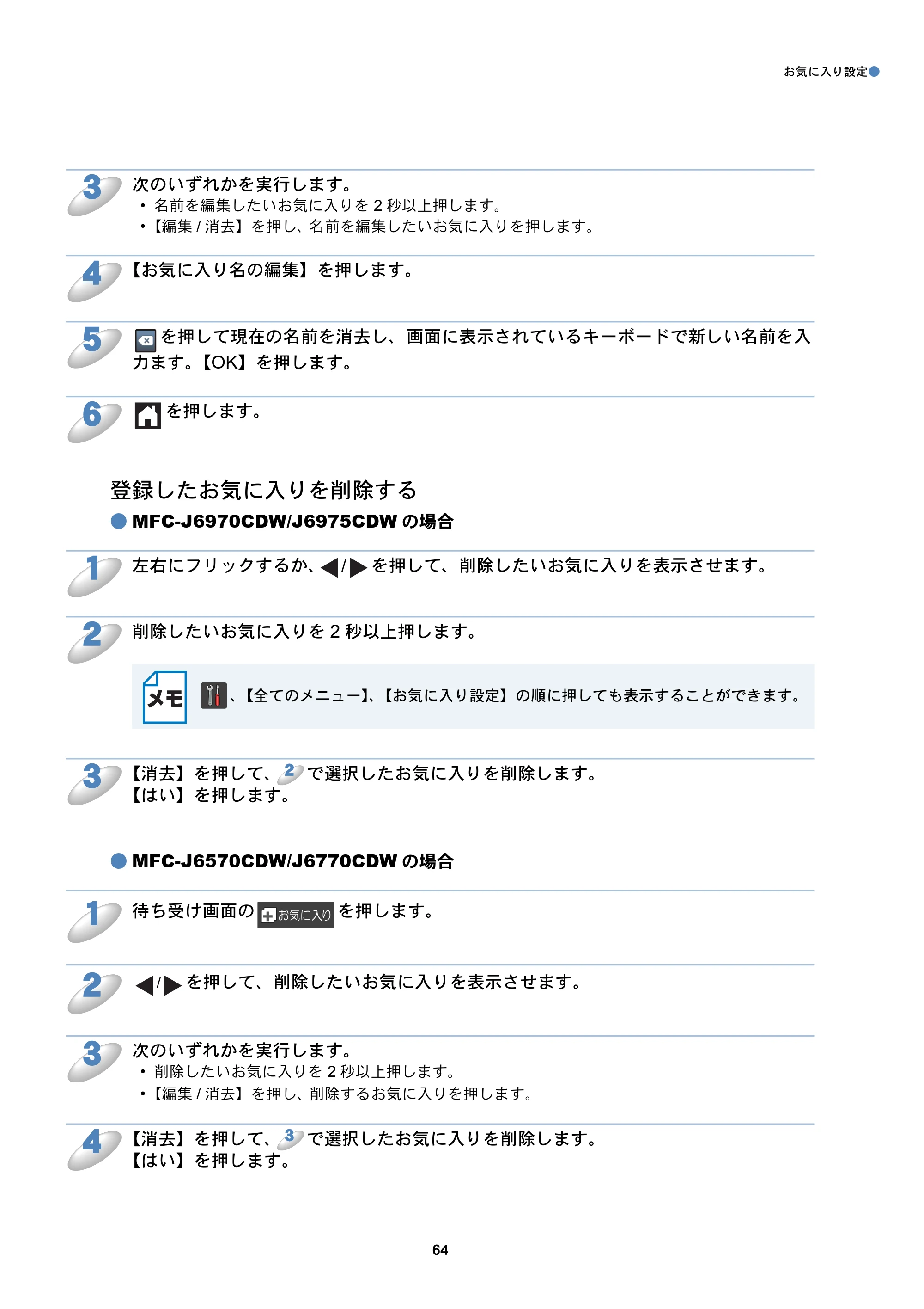 ブラザー MFC-J6770CDW / MFC-J6975CDW / MFC-J6570CDW クラウド接続ガイド — 登録したお気に入りを削除する — 原本ページ — 64ページ