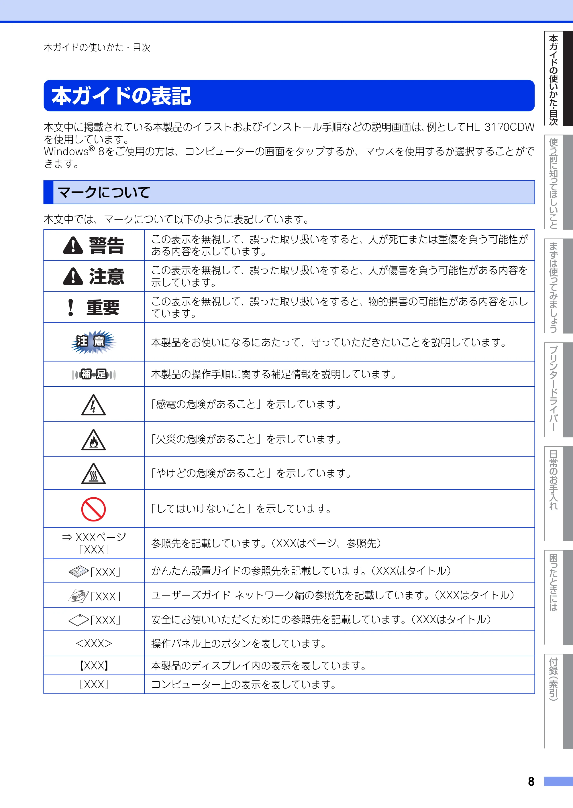 ブラザー HL-3140CW / HL-3170CDW ユーザーズガイド ~基本編~ — 本ガイドの表記 — 原本ページ — 8ページ