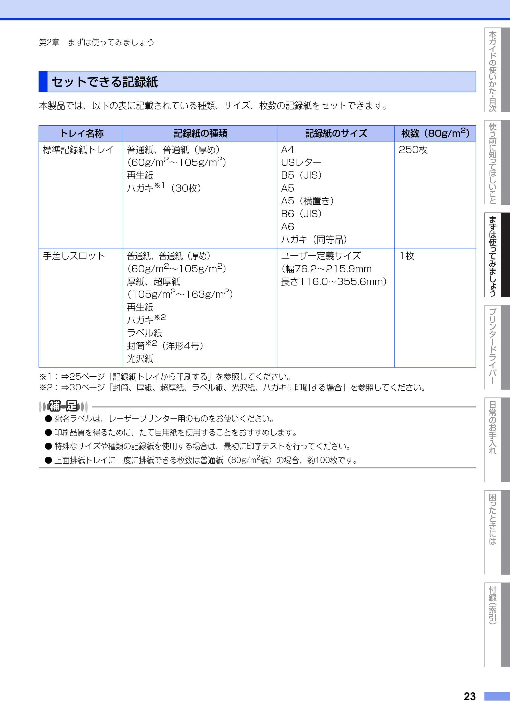ブラザー HL-3140CW / HL-3170CDW ユーザーズガイド ~基本編~ — セットできる記録紙 — 原本ページ — 23ページ