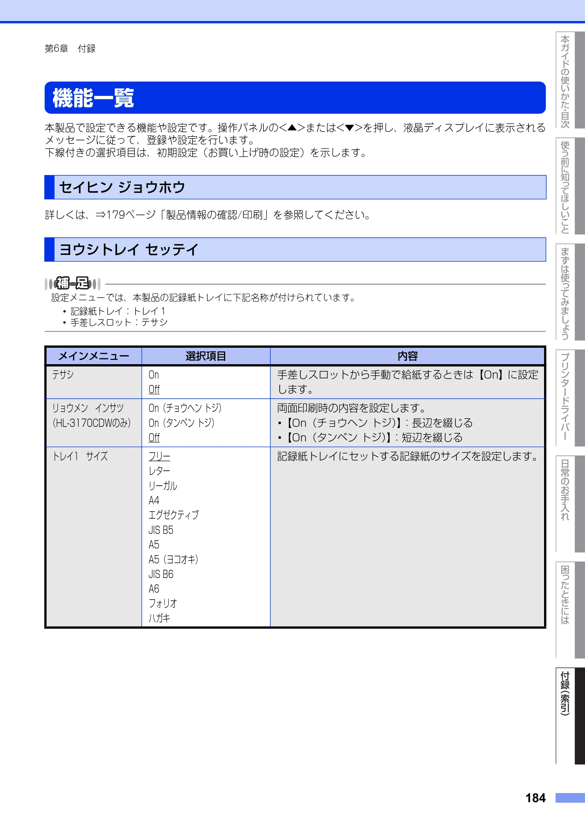 ブラザー HL-3140CW / HL-3170CDW ユーザーズガイド ～基本編～ — 機能一覧 — 原本ページ — 184ページ