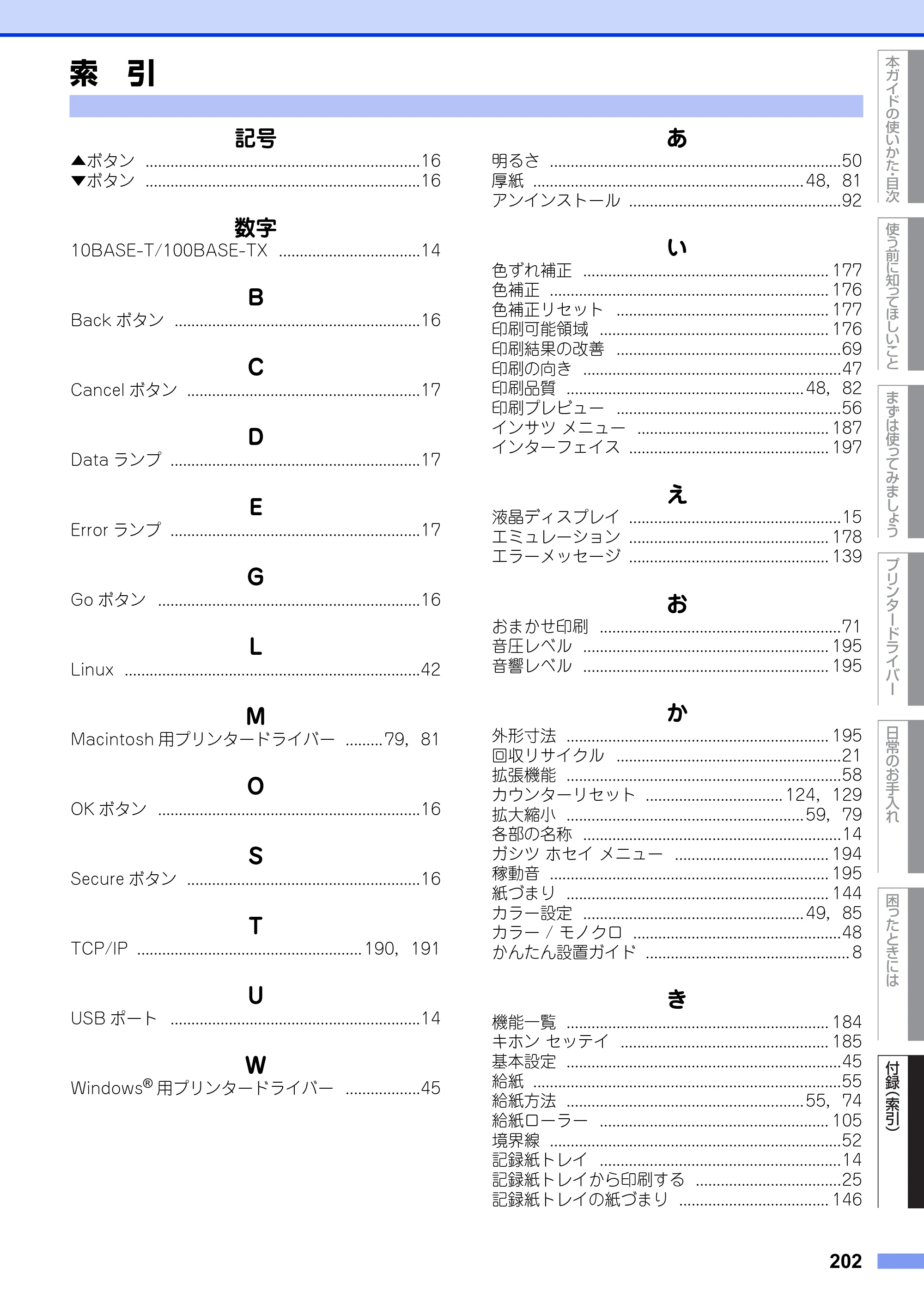 ブラザー HL-3140CW / HL-3170CDW ユーザーズガイド ～基本編～ — 索 引 — 原本ページ — 202ページ