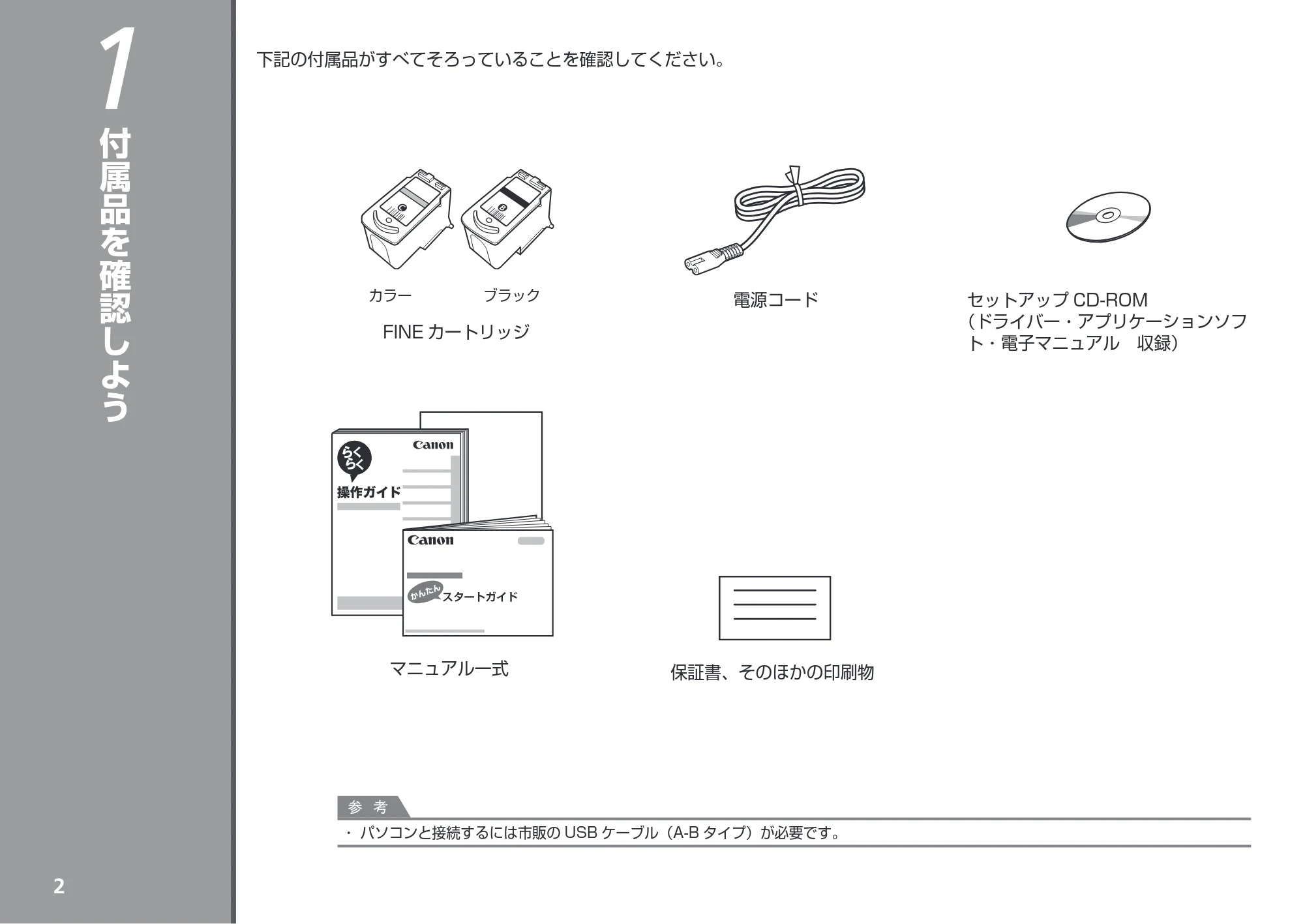 キヤノン PIXUS iP2700 かんたんスタートガイド （PDF形式／3.27Mバイト） — 1 付属品を確認しよう — 原本ページ — 4ページ
