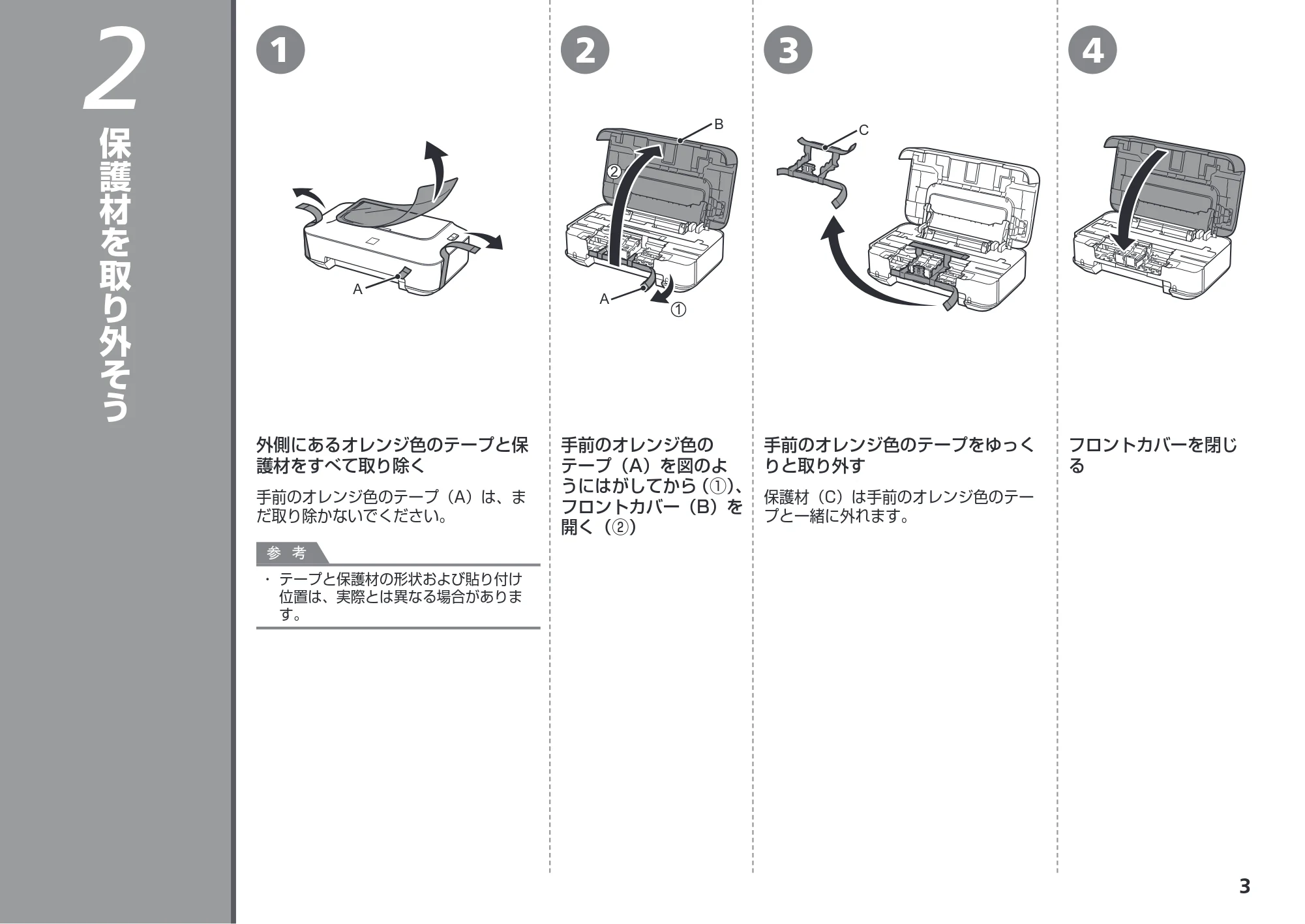 キヤノン PIXUS iP2700 かんたんスタートガイド （PDF形式／3.27Mバイト） — 2 保護材を取り外そう — 原本ページ — 5ページ