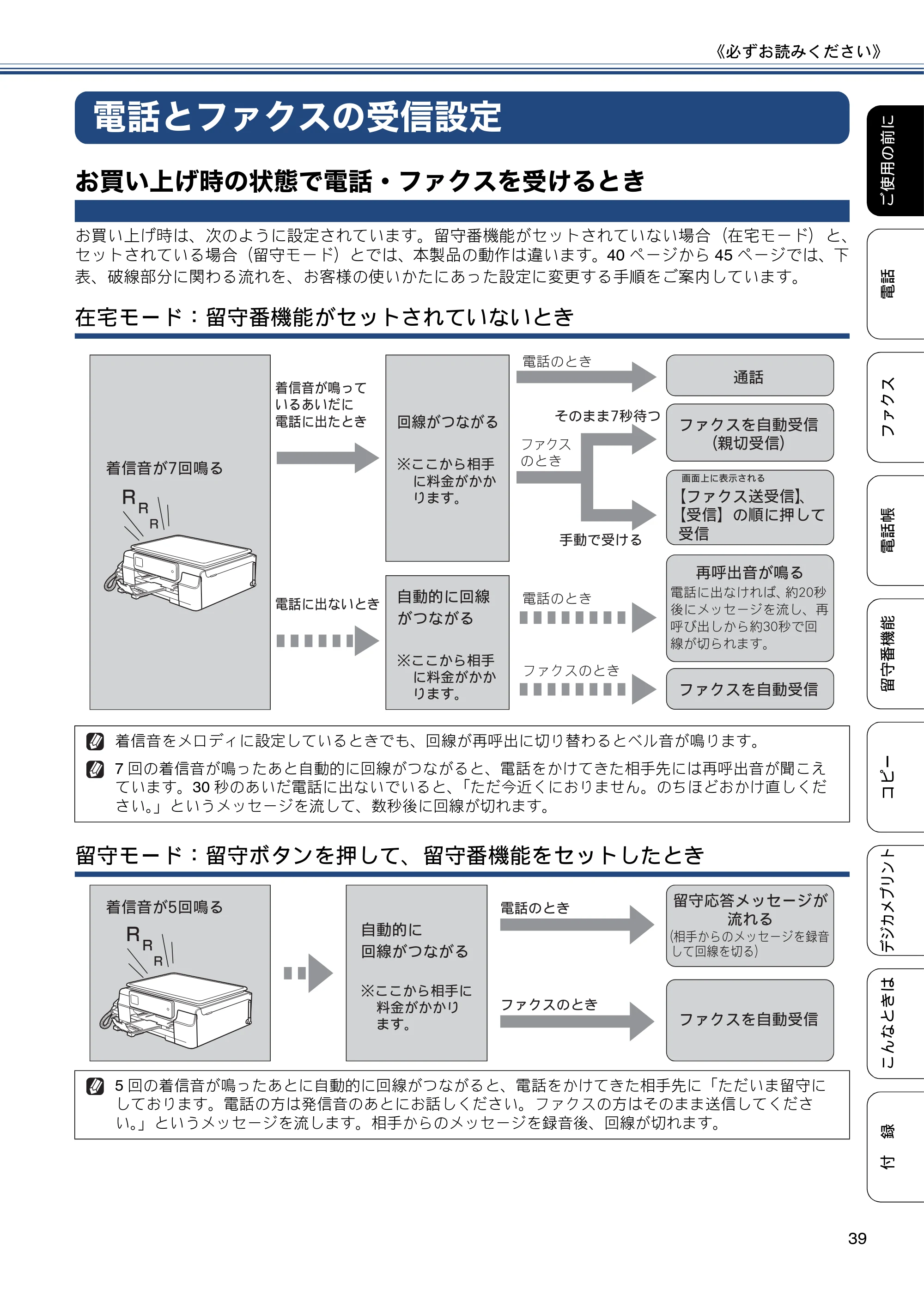 ブラザー MFC-J727D / MFC-J727DW ユーザーズガイド ~基本編~ — 電話とファクスの受信設定 — 原本ページ — 39ページ