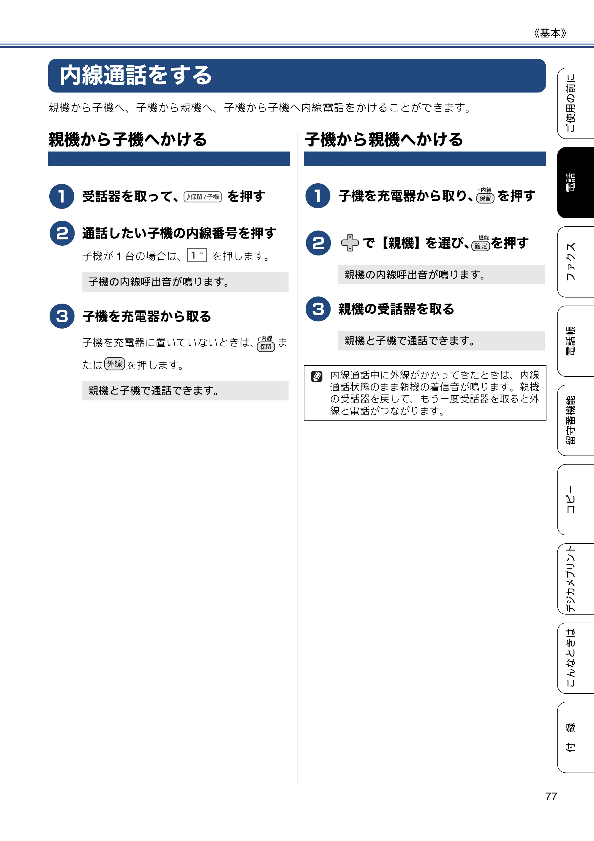 ブラザー MFC-J727D / MFC-J727DW ユーザーズガイド ~基本編~ — 内線通話をする — 原本ページ — 77ページ