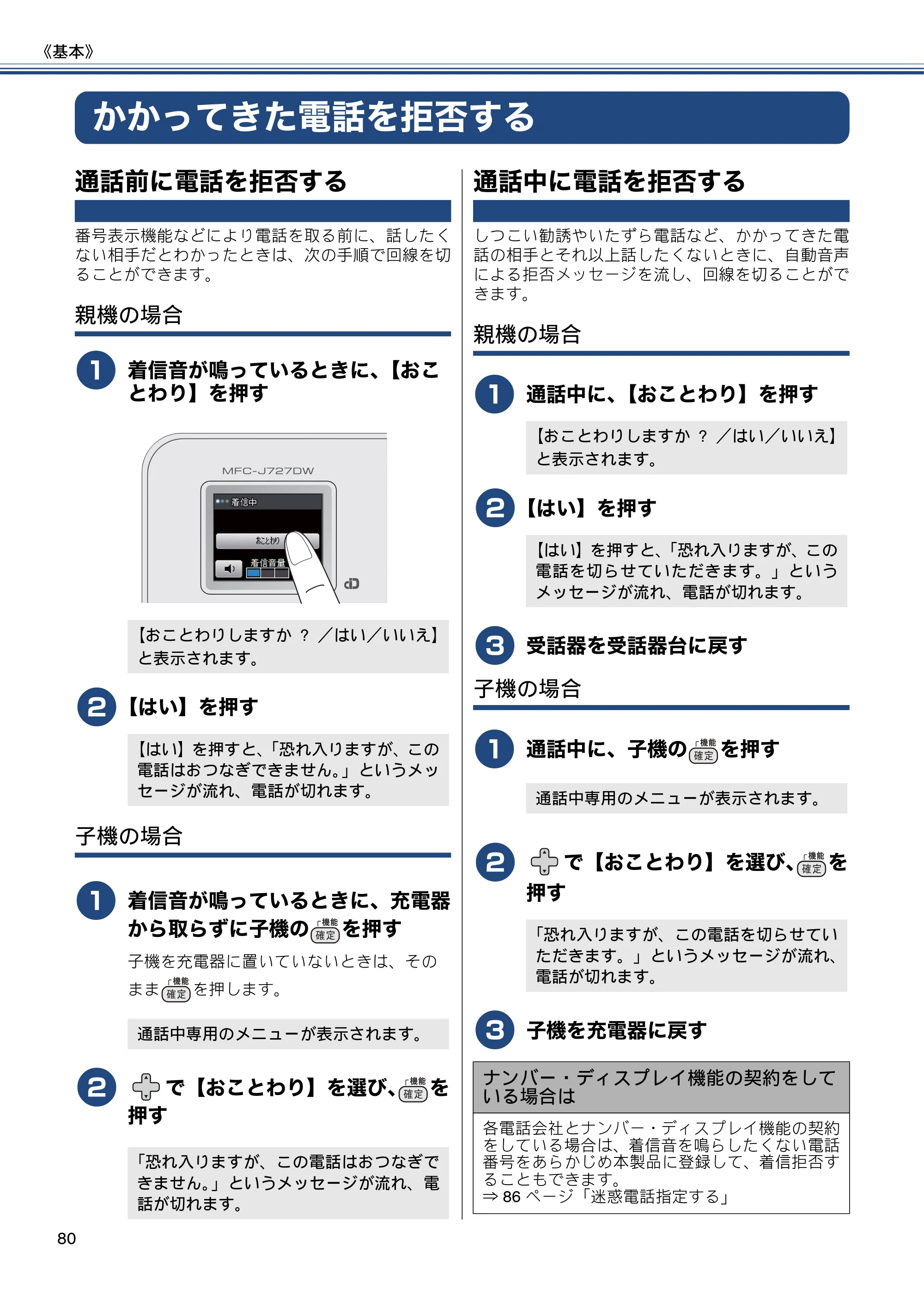 ブラザー MFC-J727D / MFC-J727DW ユーザーズガイド ~基本編~ — かかってきた電話を拒否する — 原本ページ — 80ページ