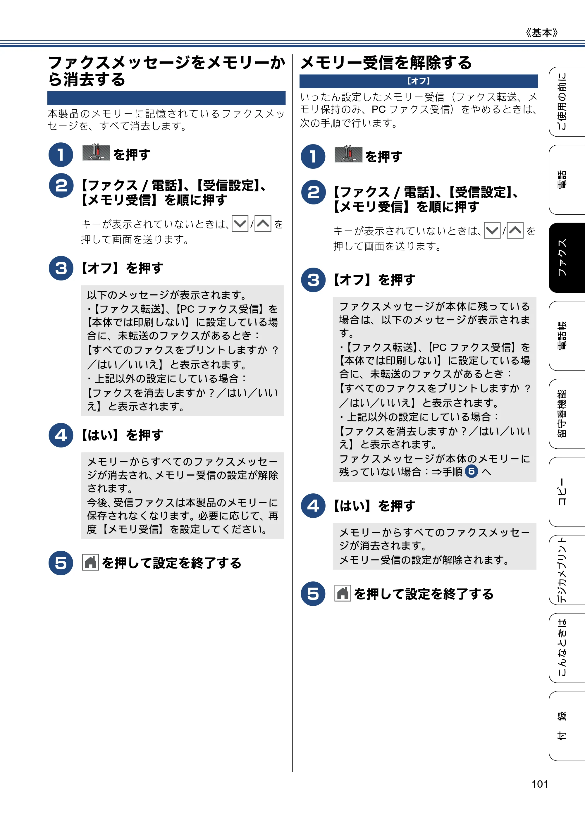 ブラザー MFC-J727D / MFC-J727DW ユーザーズガイド ~基本編~ — ファクスメッセージをメモリーから消去する — 原本ページ — 101ページ