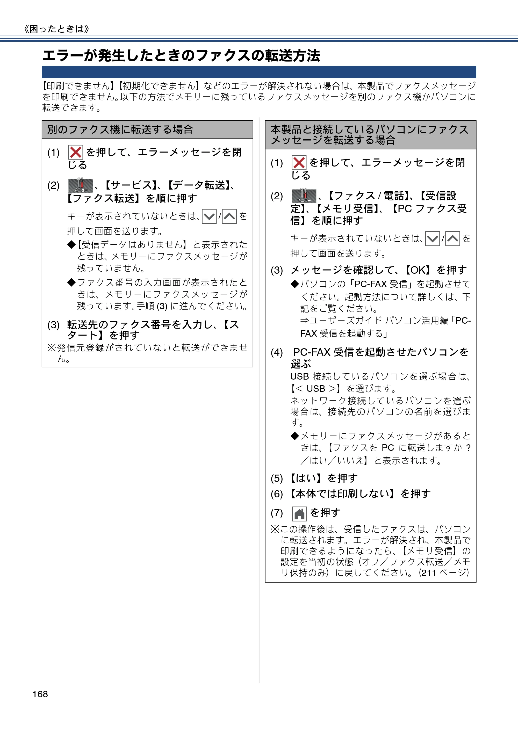ブラザー MFC-J727D / MFC-J727DW ユーザーズガイド ～基本編～ — エラーが発生したときのファクスの転送方法 — 原本ページ — 168ページ