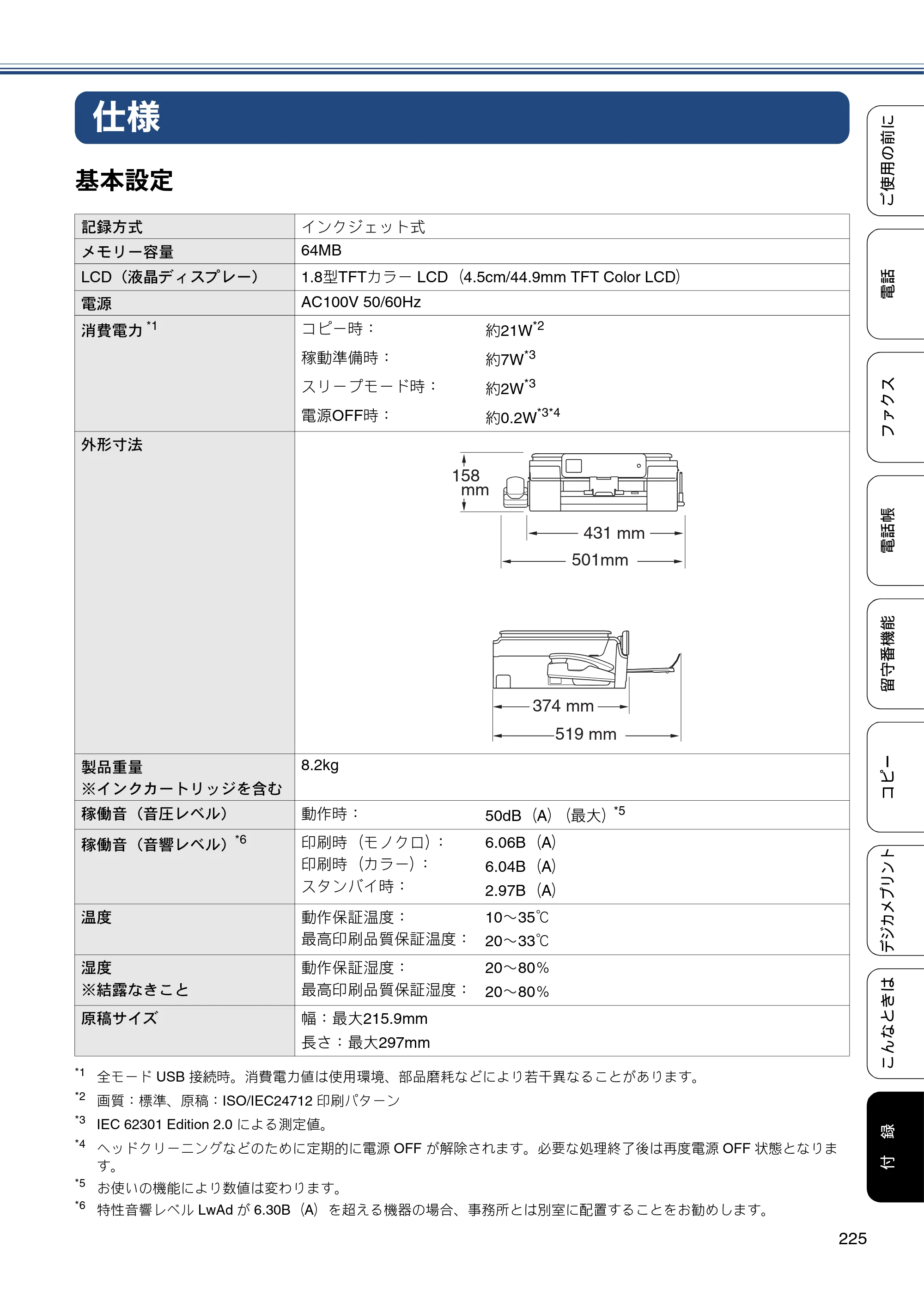 ブラザー MFC-J727D / MFC-J727DW ユーザーズガイド ～基本編～ — 仕様 — 原本ページ — 225ページ