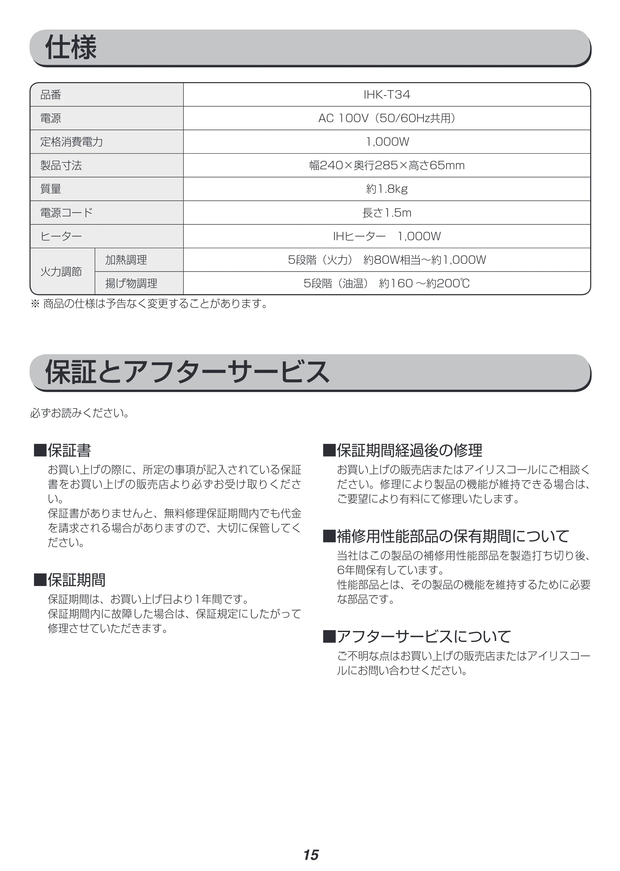 アイリスオーヤマ IHK-T34 取扱説明書 — 原本ページ — 15ページ