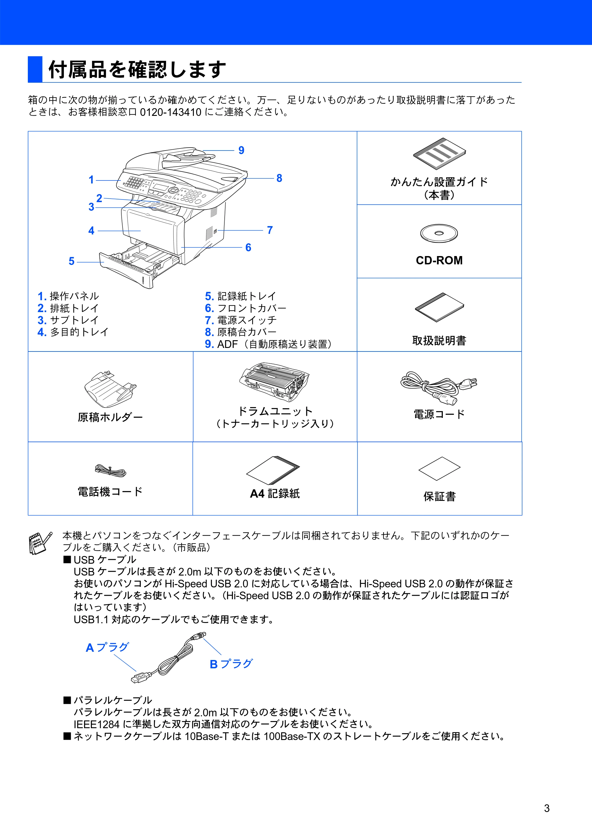 ブラザー MFC-8820JN かんたん設置ガイド — 付属品を確認します — 原本ページ — 3ページ