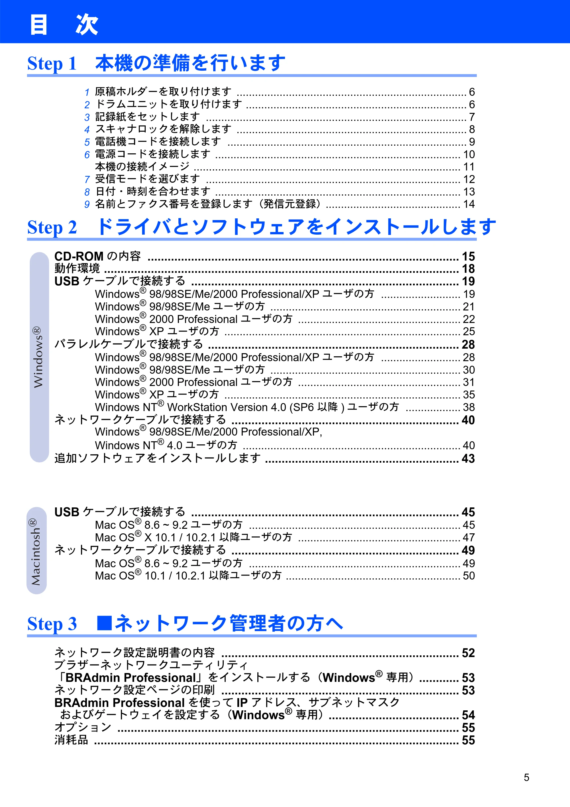 ブラザー MFC-8820JN かんたん設置ガイド — 目次 — 原本ページ — 5ページ