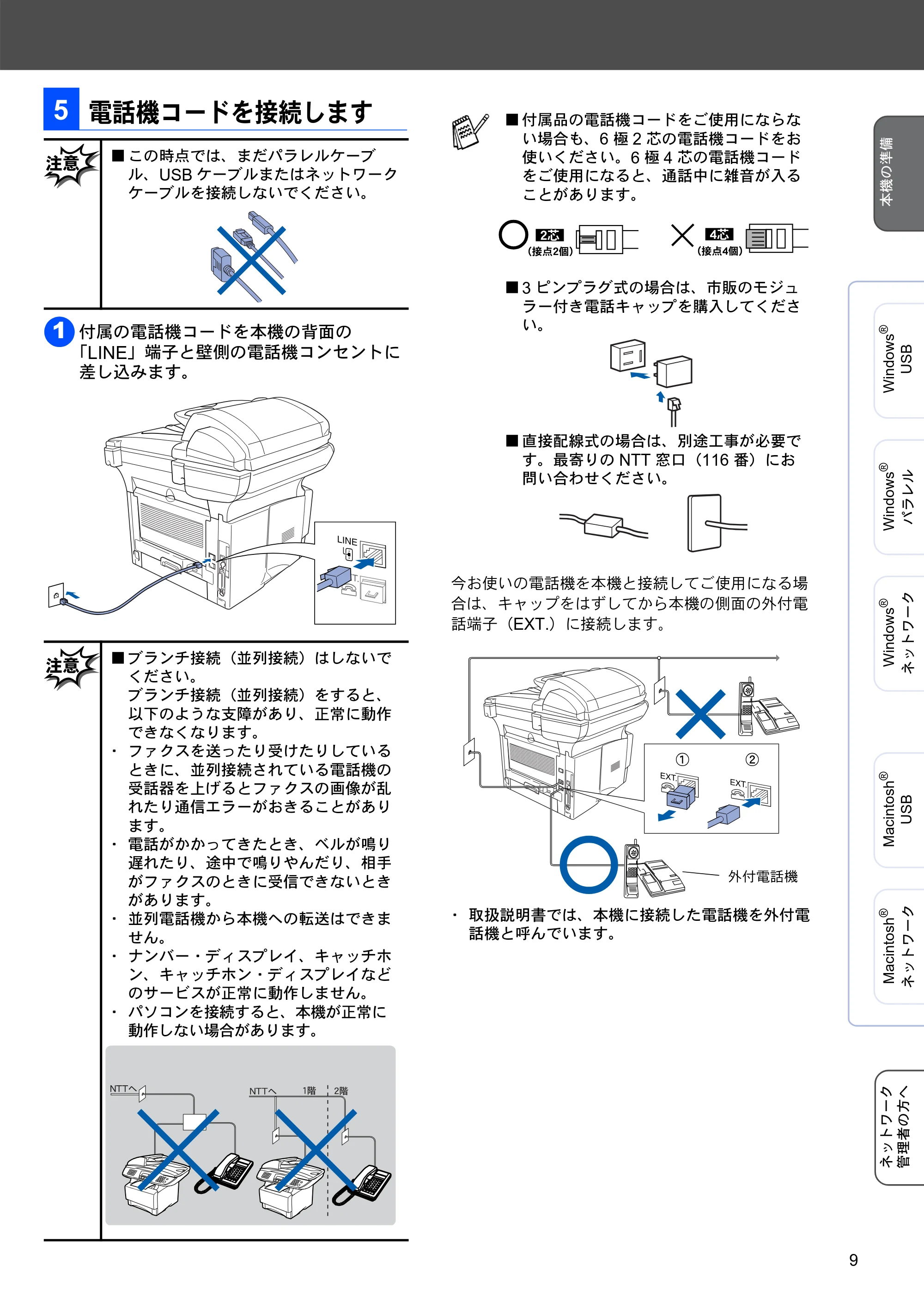 ブラザー MFC-8820JN かんたん設置ガイド — 電話機コードを接続します — 原本ページ — 9ページ