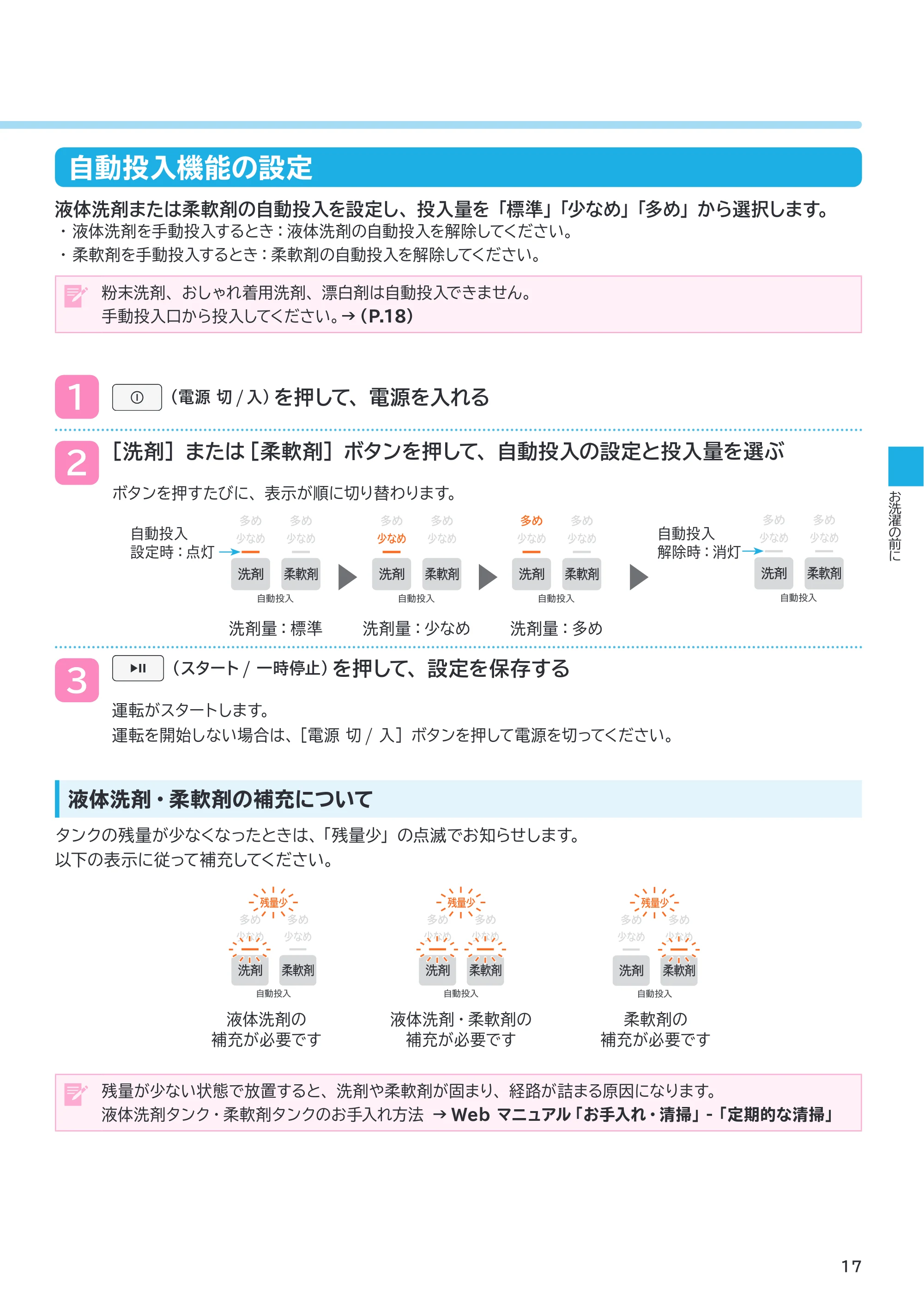 日立 BD-SX130PL / BD-SX130PR 取扱説明書 — 自動投入機能の設定 — 原本ページ — 17ページ