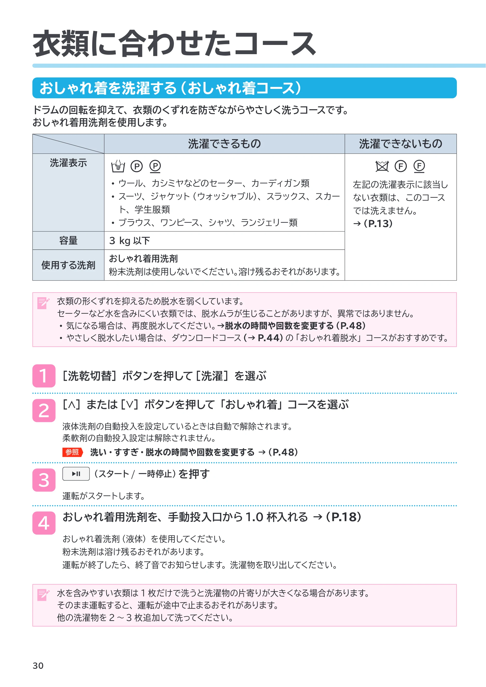 日立 BD-SX130PL / BD-SX130PR 取扱説明書 — 衣類に合わせたコース — 原本ページ — 30ページ