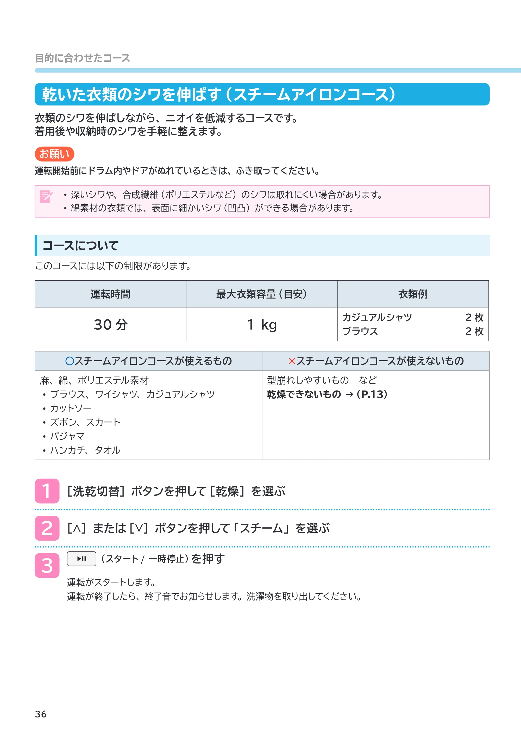 日立 BD-SX130PL / BD-SX130PR 取扱説明書 — 乾いた衣類のシワを伸ばす（スチームアイロンコース） — 原本ページ — 36ページ