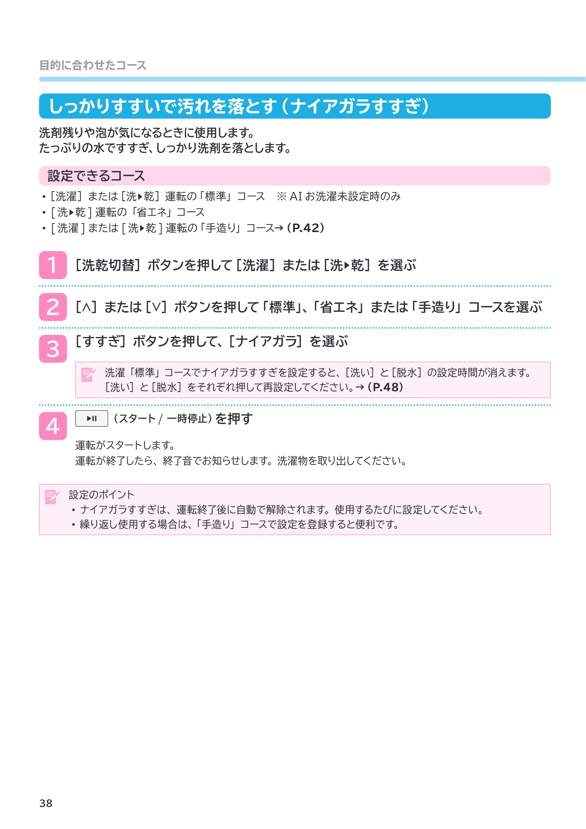 日立 BD-SX130PL / BD-SX130PR 取扱説明書 — しっかりすすいで汚れを落とす（ナイアガラすすぎ） — 原本ページ — 38ページ