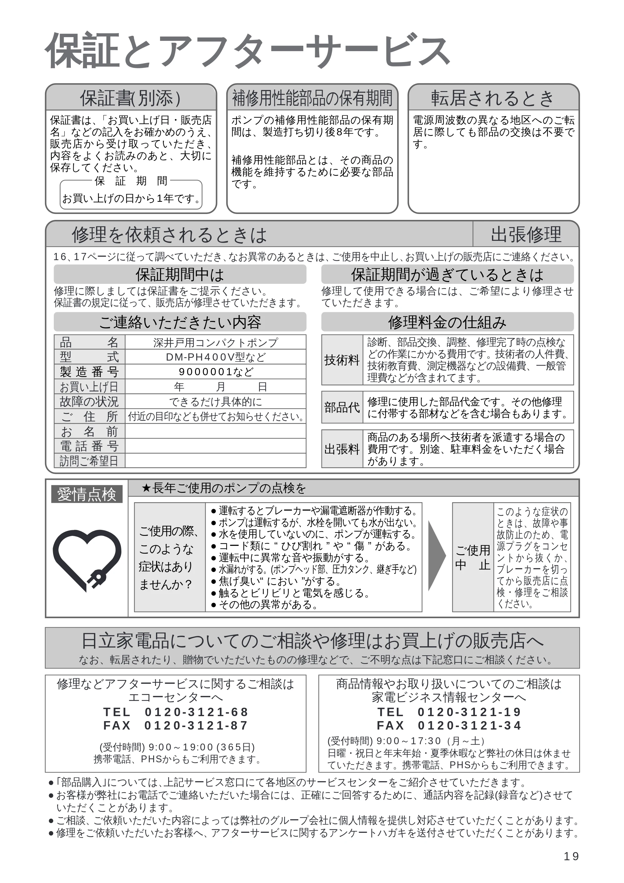 日立 DM-PH400V / DM-PH600V / DM-KH750V 取扱説明書 — 保証とアフターサービス — 原本ページ — 19ページ