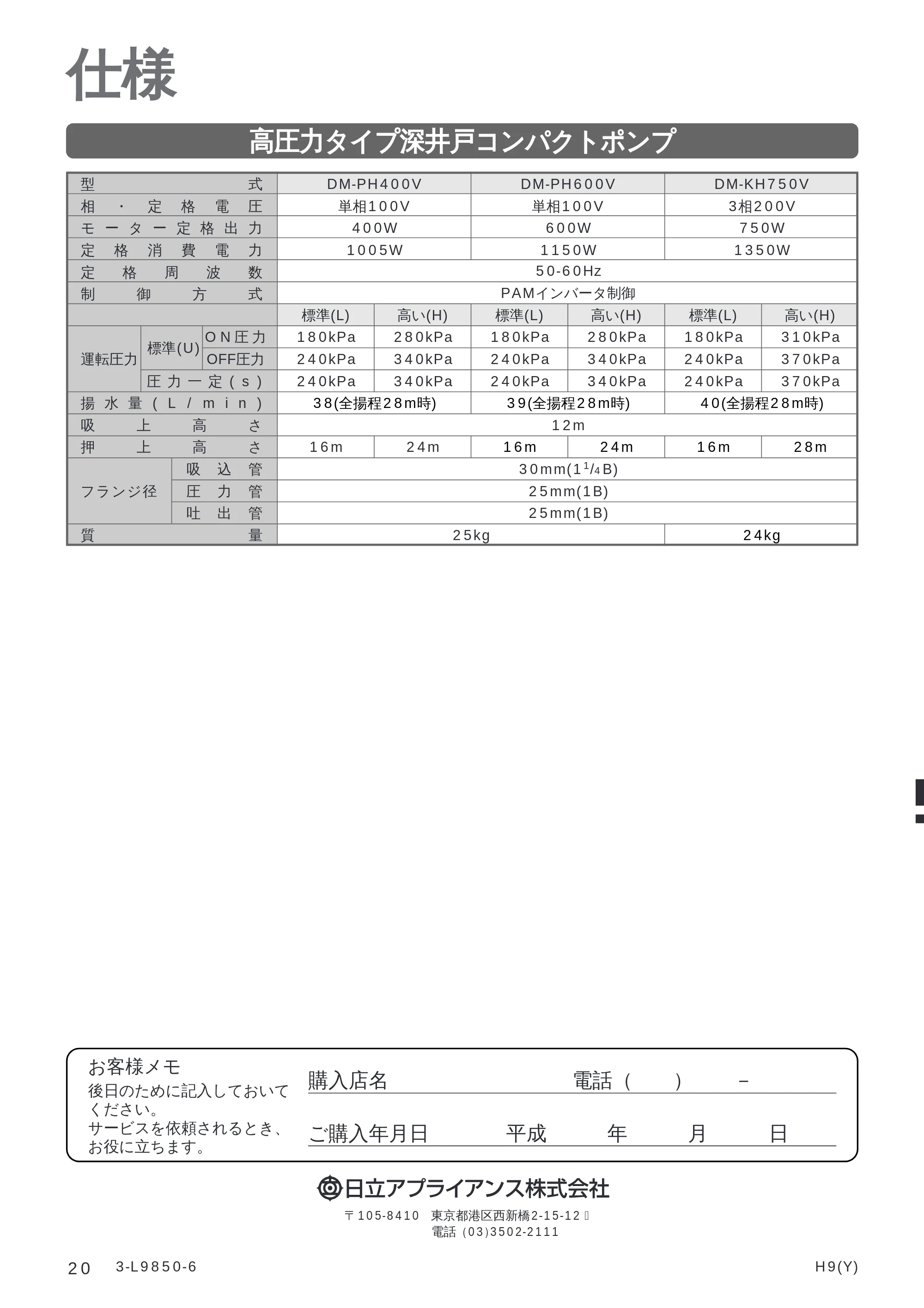 日立 DM-PH400V / DM-PH600V / DM-KH750V 取扱説明書 — 仕様 — 原本ページ — 20ページ