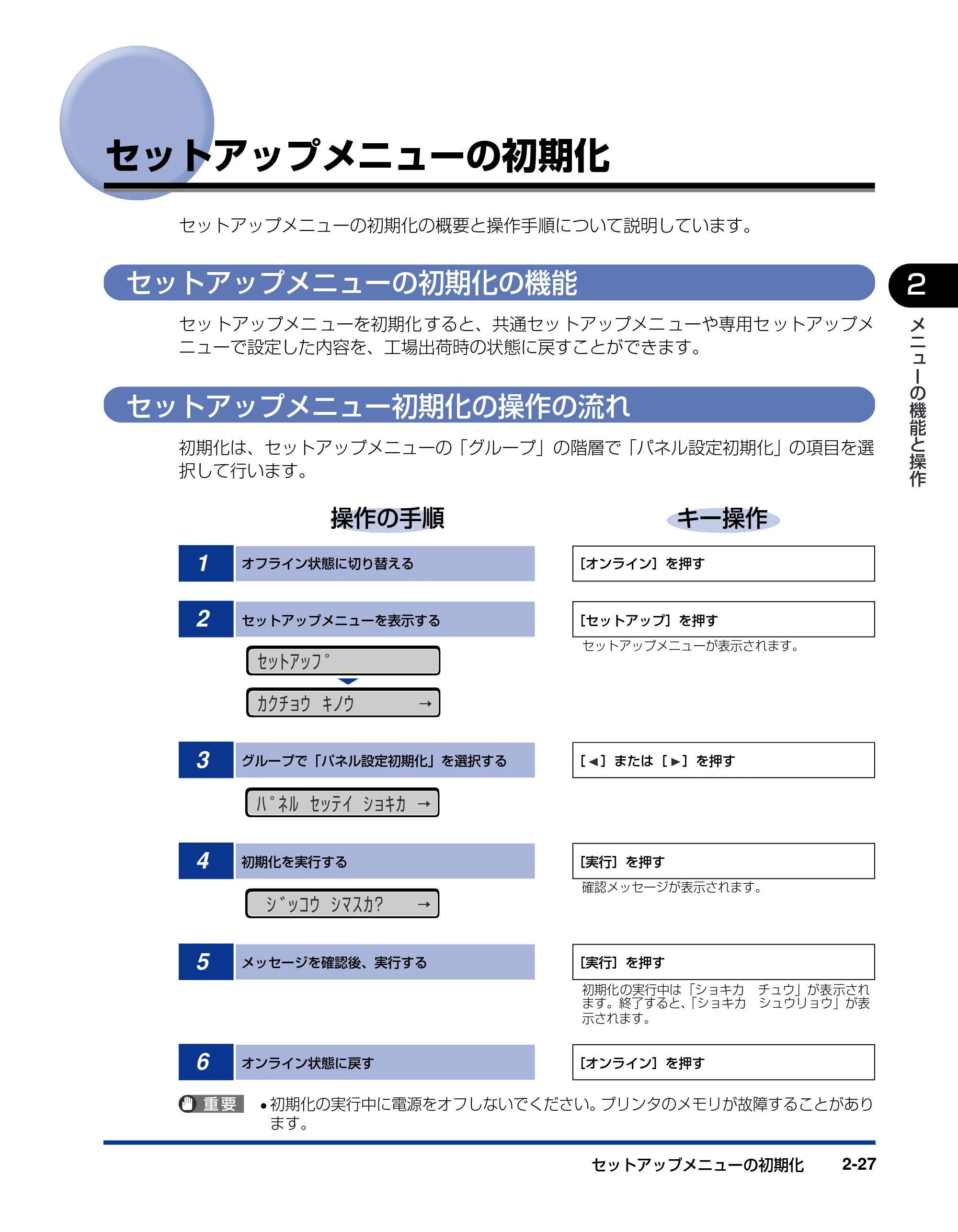 キヤノン LBP3800/3700 LIPS機能ガイド 2006年5月25日更新 （PDF形式／4.76Mバイト） — セットアップメニューの初期化 — 原本ページ — 51ページ