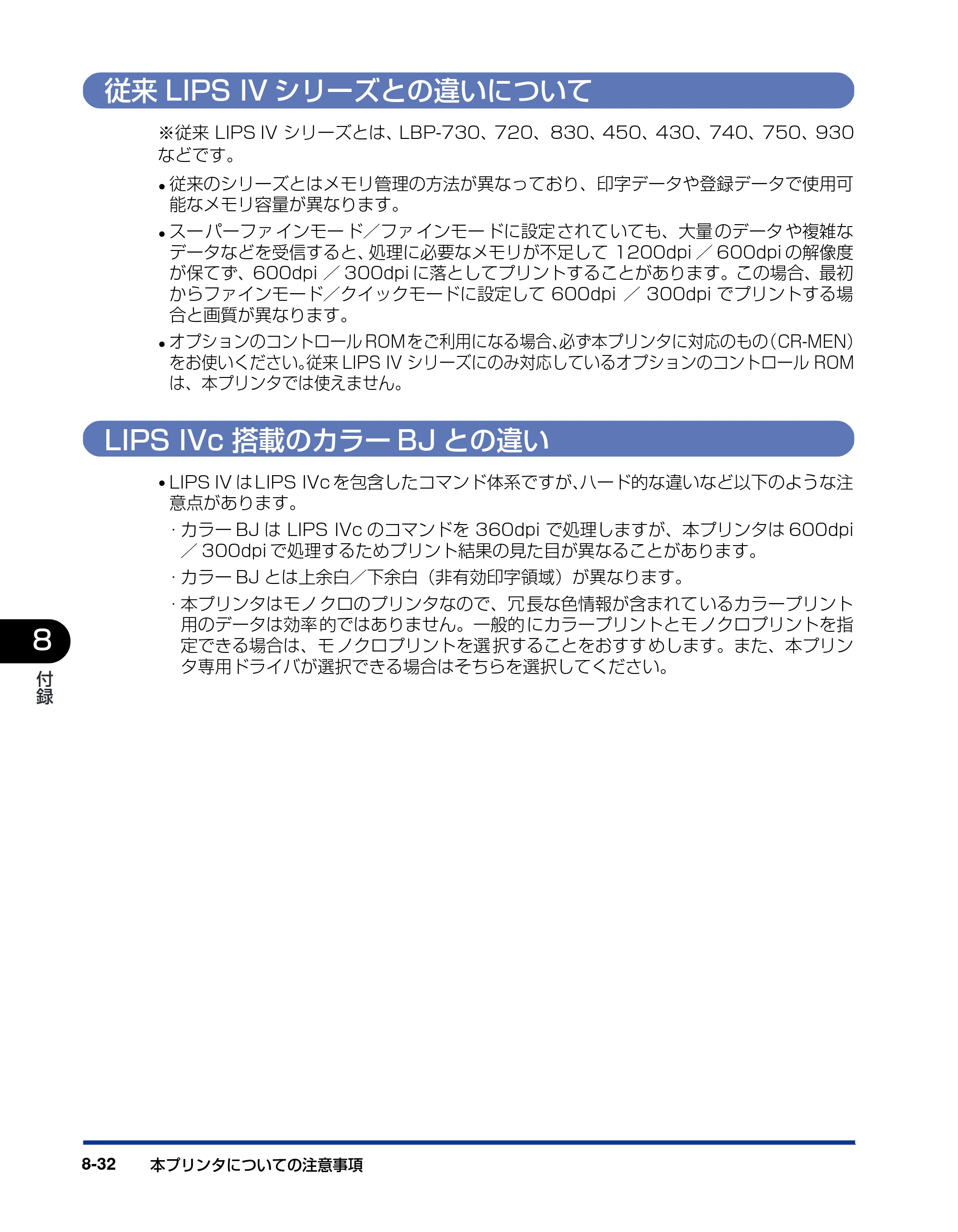 キヤノン LBP3800/3700 LIPS機能ガイド 2006年5月25日更新 （PDF形式／4.76Mバイト） — 従来LIPS IVシリーズとの違いについて — 原本ページ — 194ページ