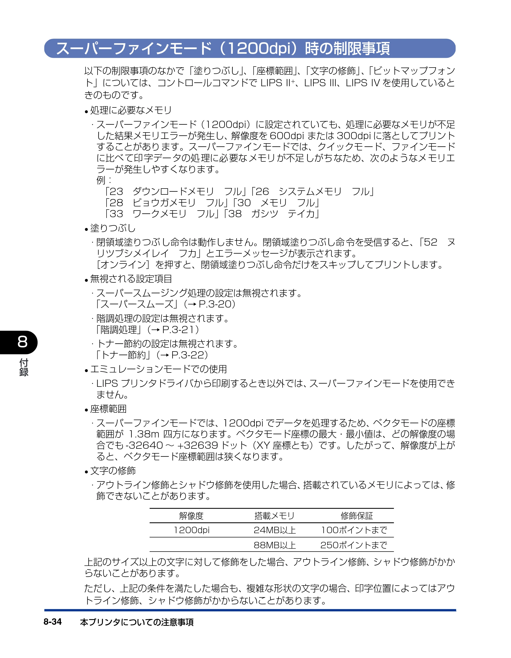 キヤノン LBP3800/3700 LIPS機能ガイド 2006年5月25日更新 （PDF形式／4.76Mバイト） — スーパーファインモード（1200dpi）時の制限事項 — 原本ページ — 196ページ