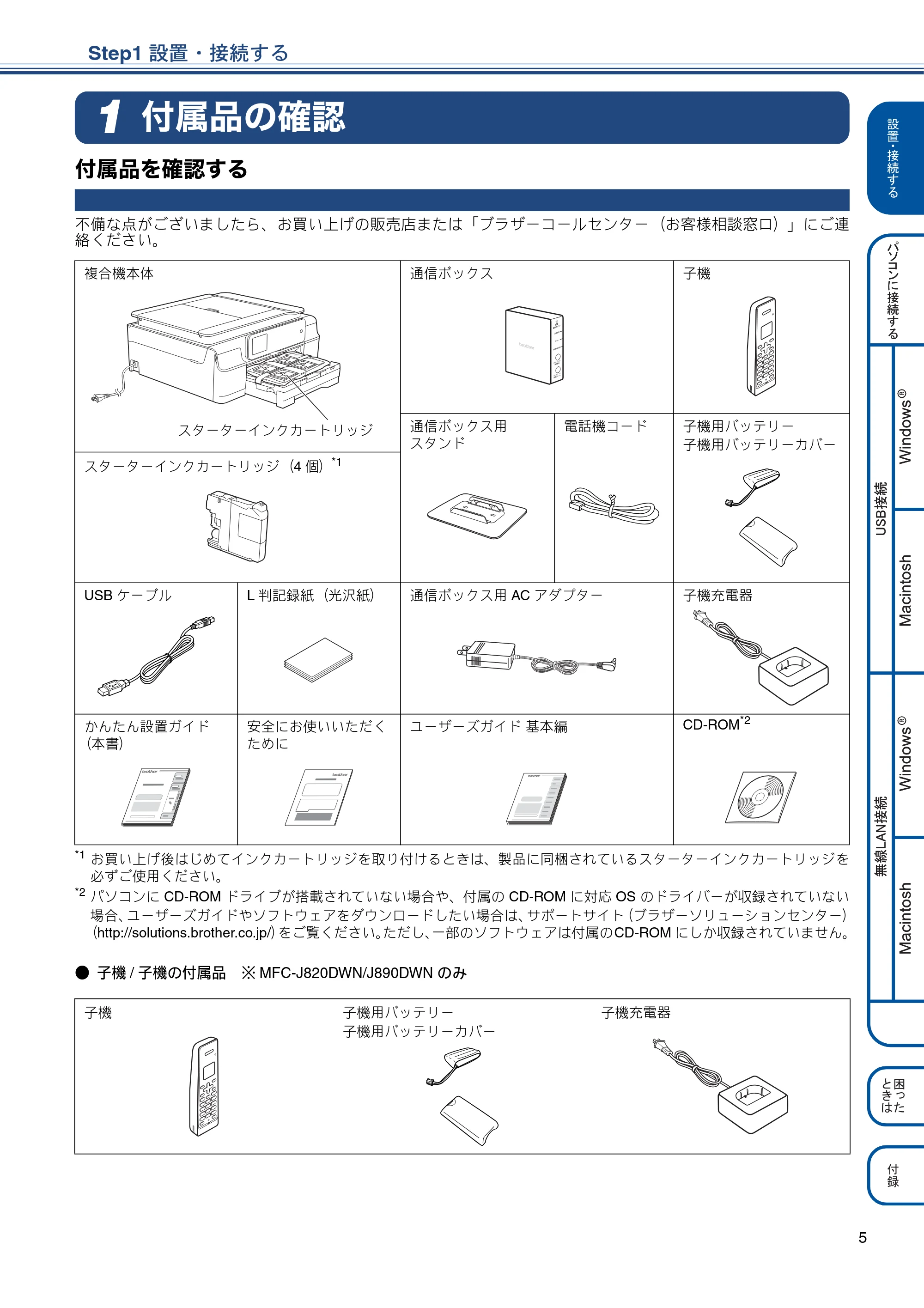 ブラザー MFC-J820DN / MFC-J820DWN / MFC-J890DN / MFC-J890DWN かんたん設置ガイド — Step1 設置・接続する — 原本ページ — 5ページ