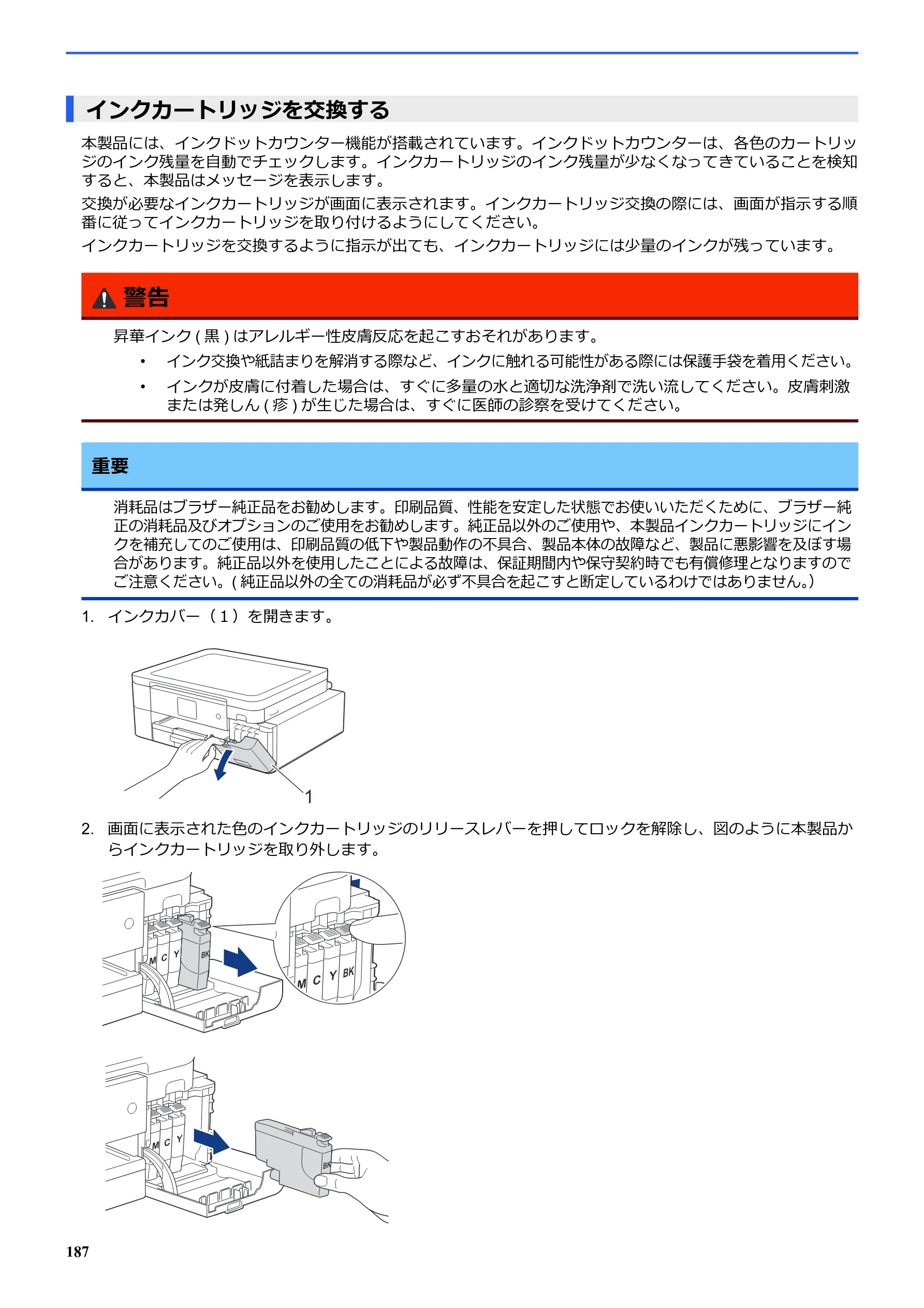 ブラザー SP-1 オンラインユーザーズガイド — インクカートリッジを交換する — 図版 191-1 — 191ページ