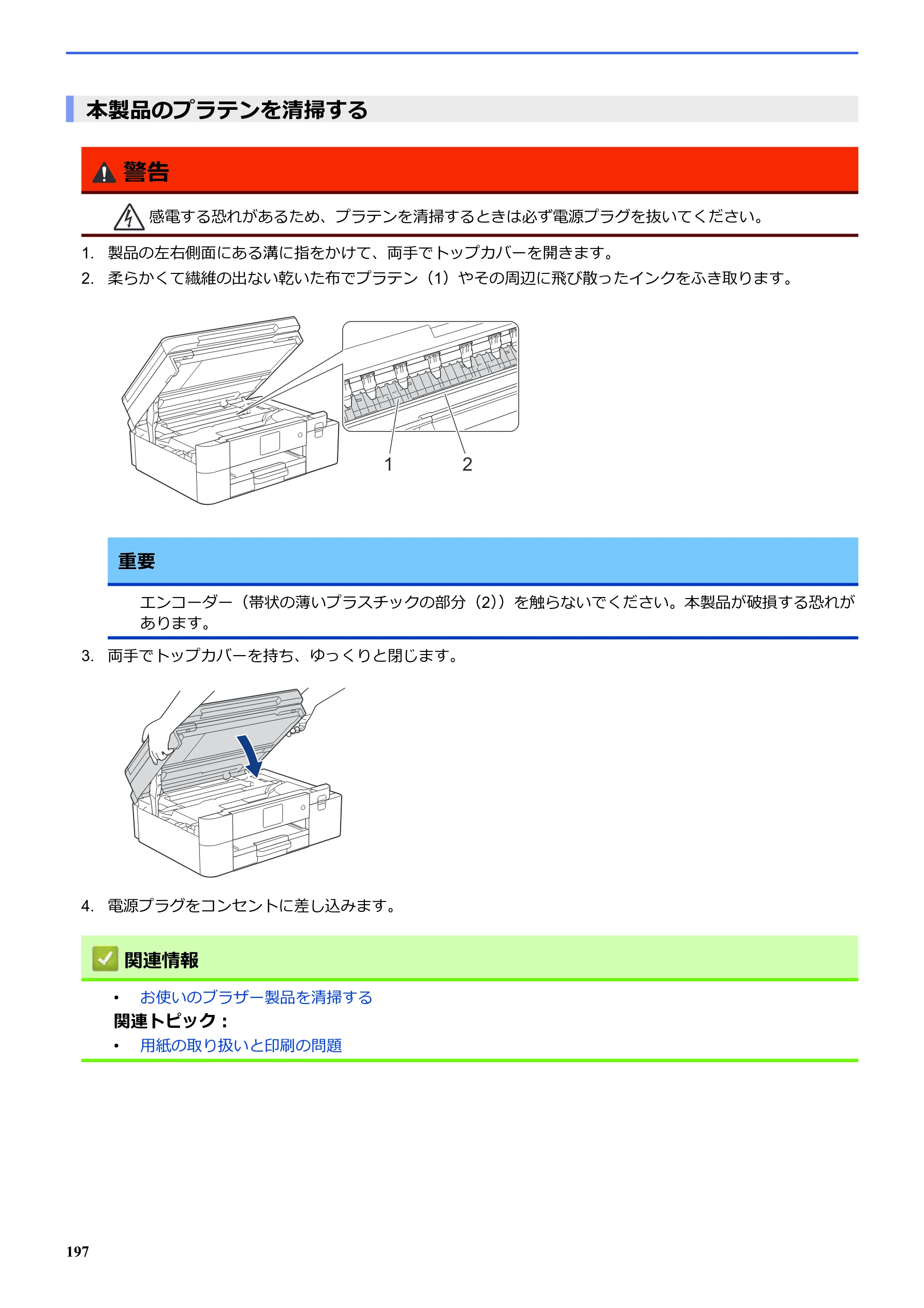 ブラザー SP-1 オンラインユーザーズガイド — 本製品のプラテンを清掃する — 図版 201-1 — 201ページ