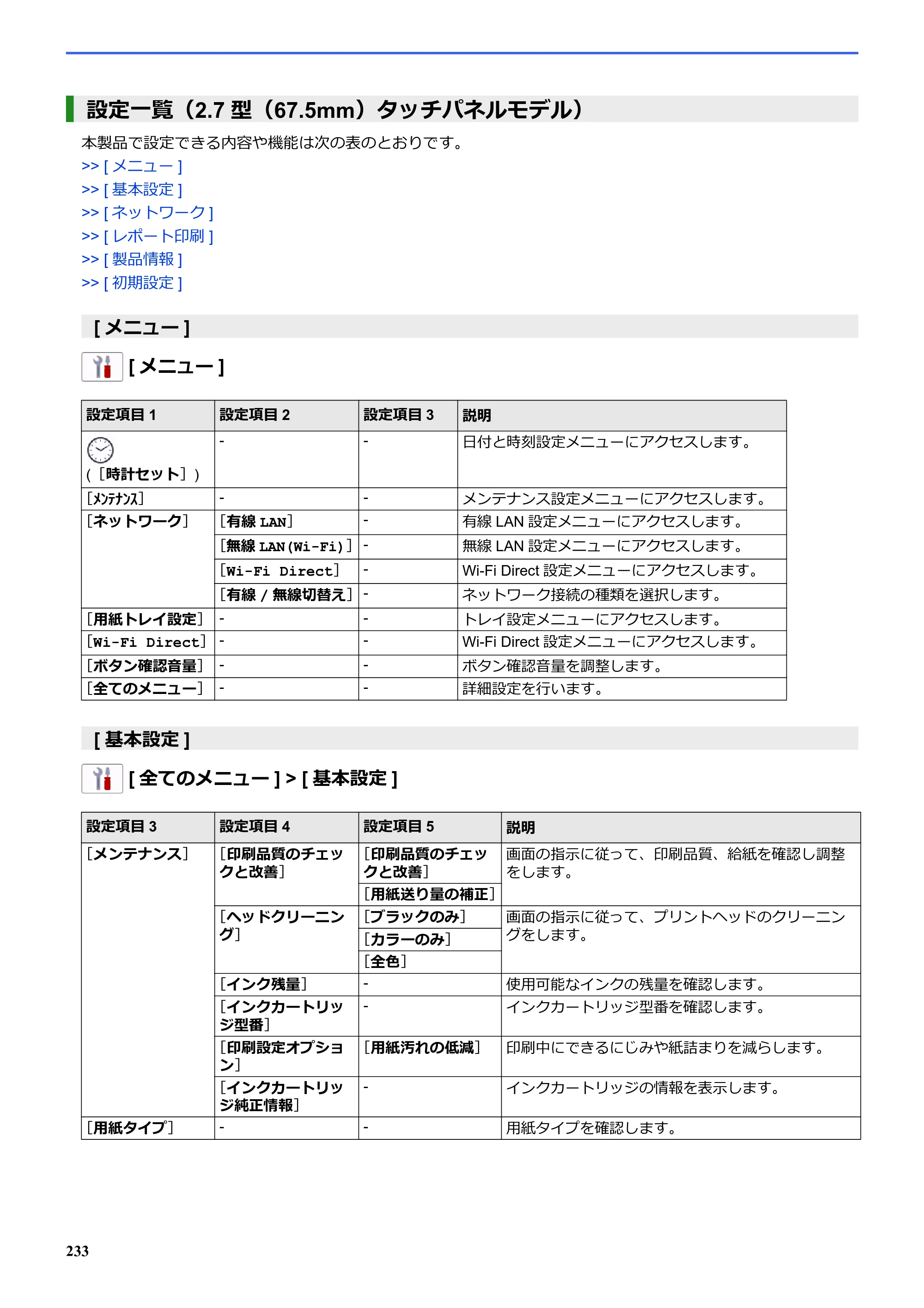 ブラザー SP-1 オンラインユーザーズガイド — 設定一覧(2.7型(67.5mm)タッチパネルモデル) — 原本ページ — 237ページ