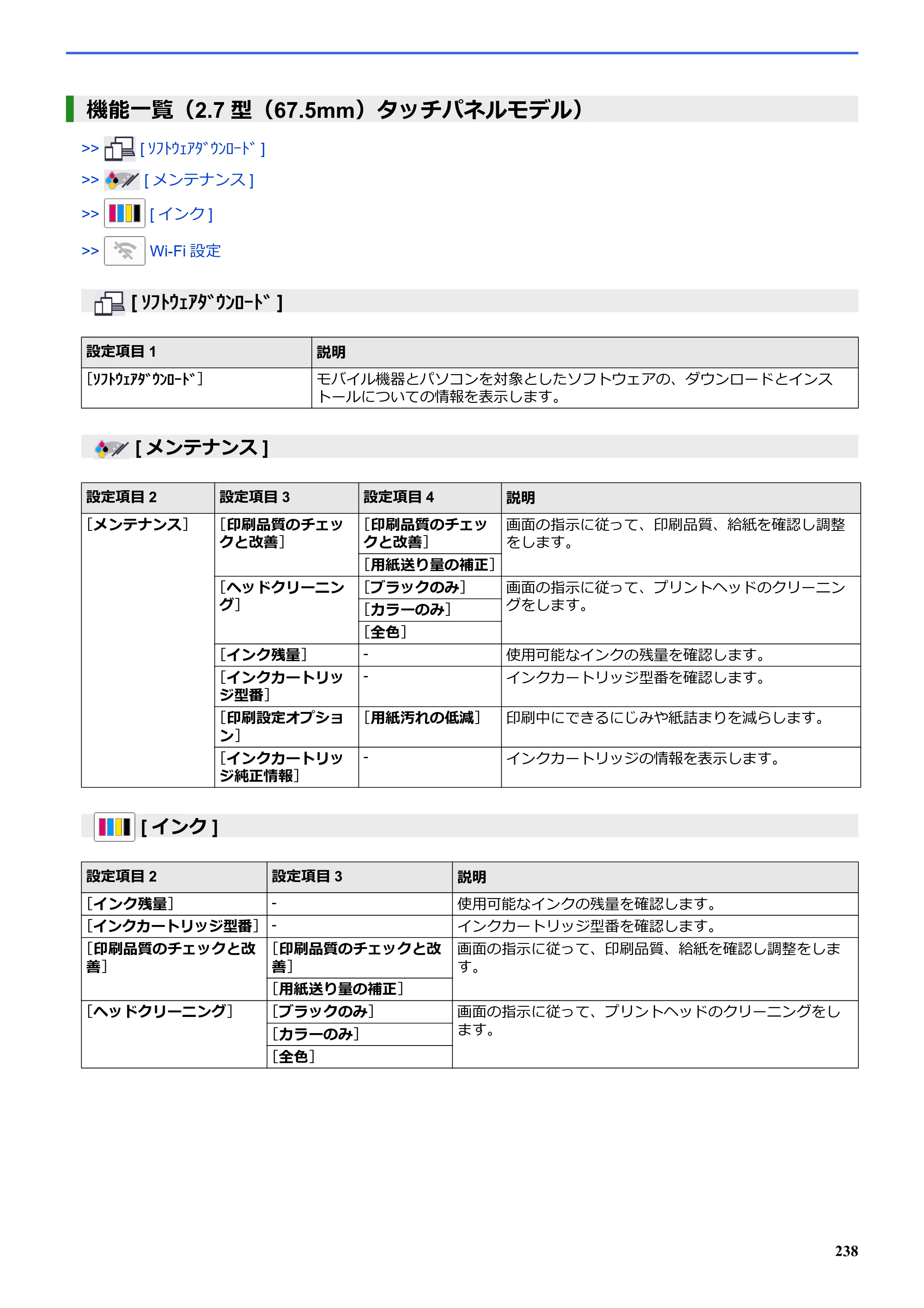 ブラザー SP-1 オンラインユーザーズガイド — 機能一覧（2.7型（67.5mm）タッチパネルモデル） — 原本ページ — 242ページ