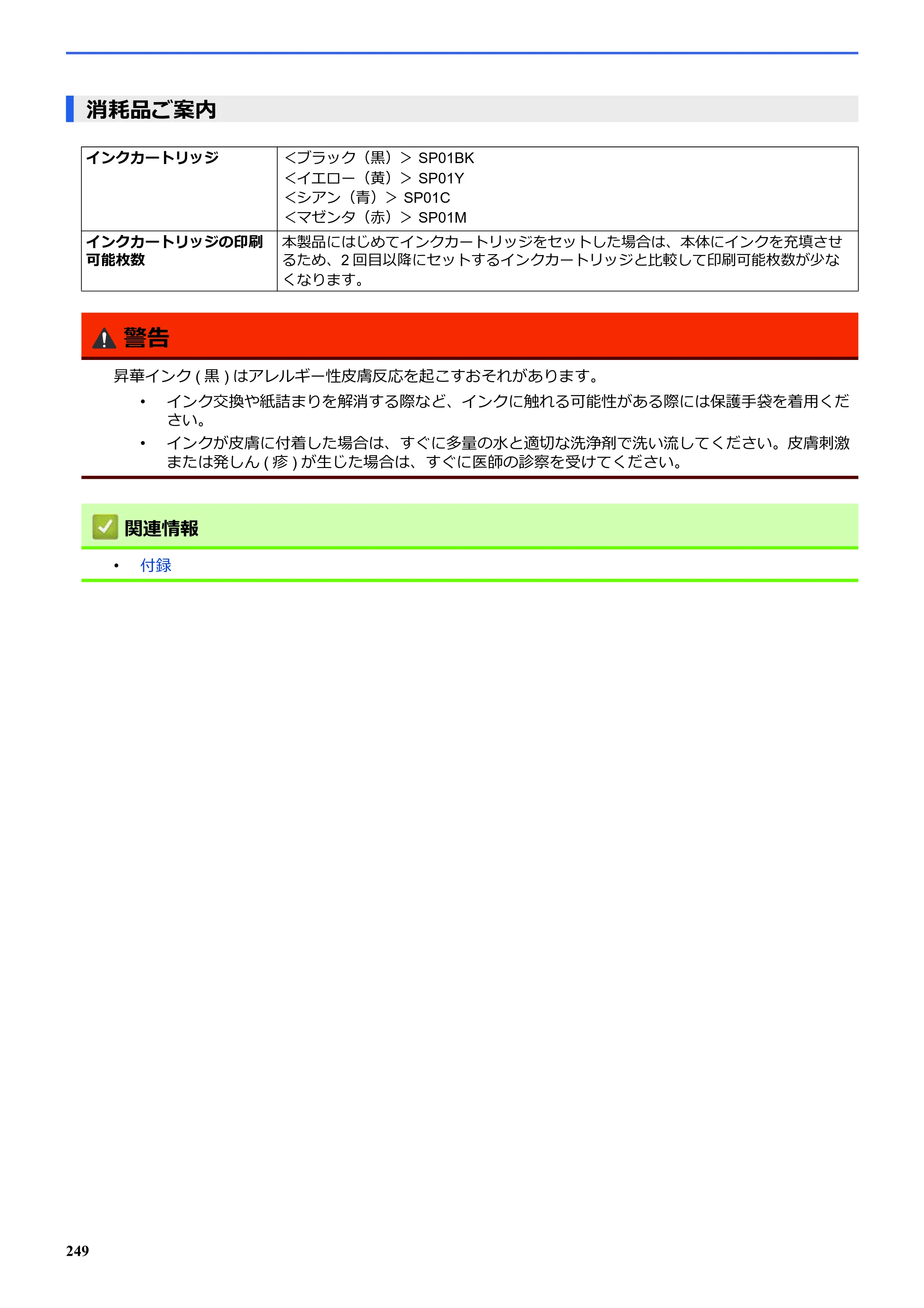 ブラザー SP-1 オンラインユーザーズガイド — 消耗品ご案内 — 原本ページ — 253ページ