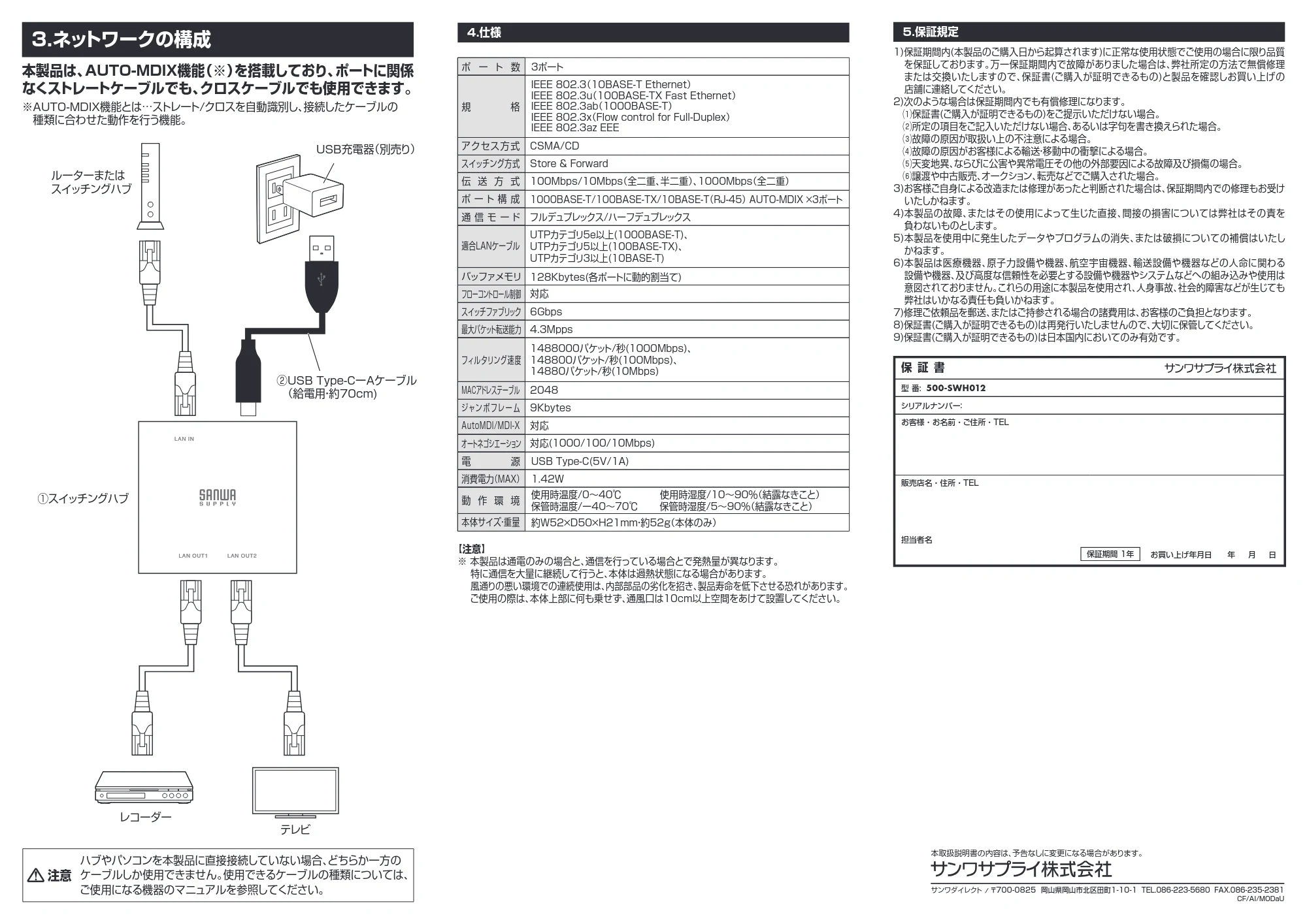サンワサプライ 500-SWH012 取扱説明書 — 原本ページ — 2ページ