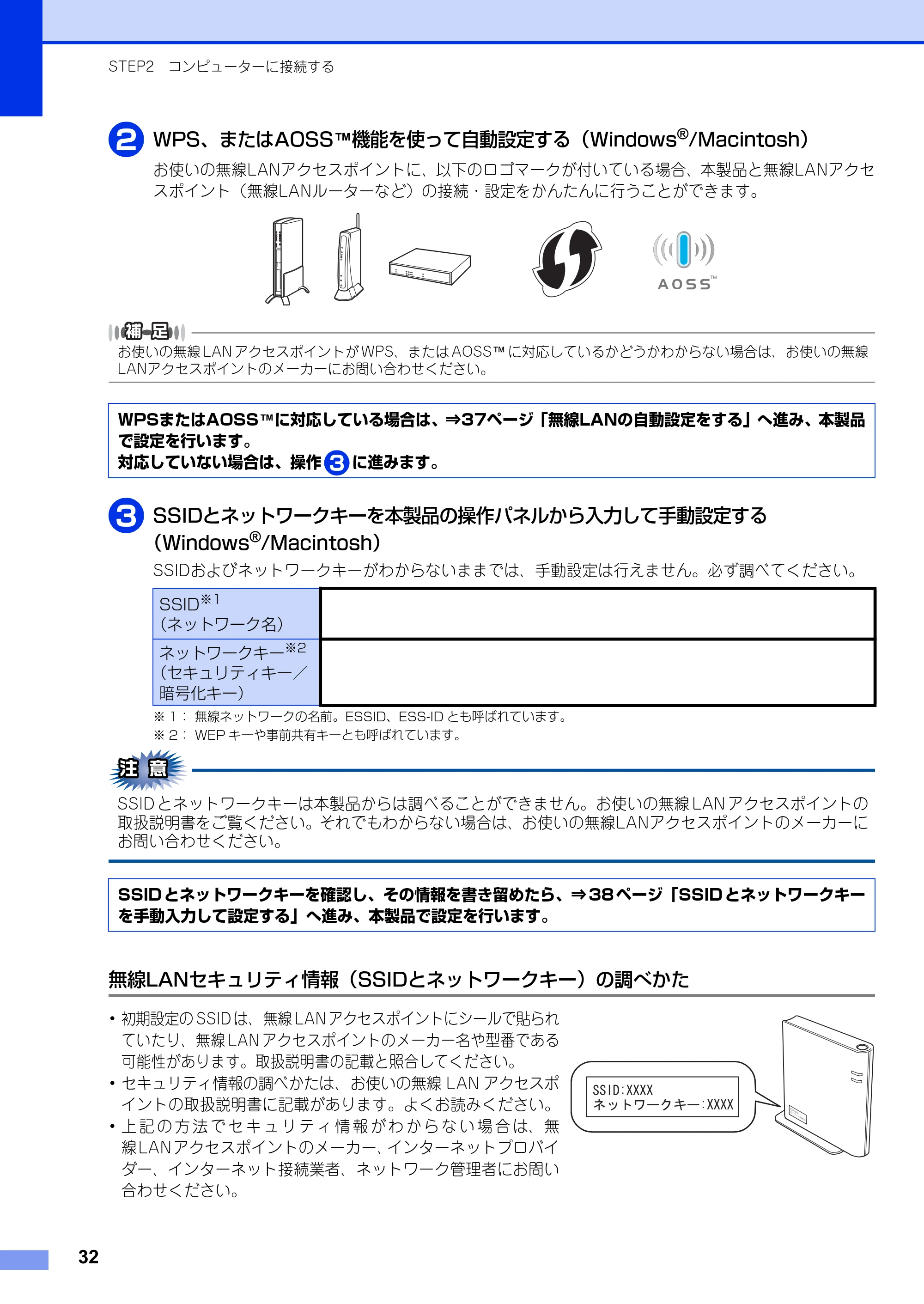 ブラザー MFC-9970CDW かんたん設置ガイド — 無線LANセキュリティ情報(SSIDとネットワークキー)の調べかた — 原本ページ — 32ページ