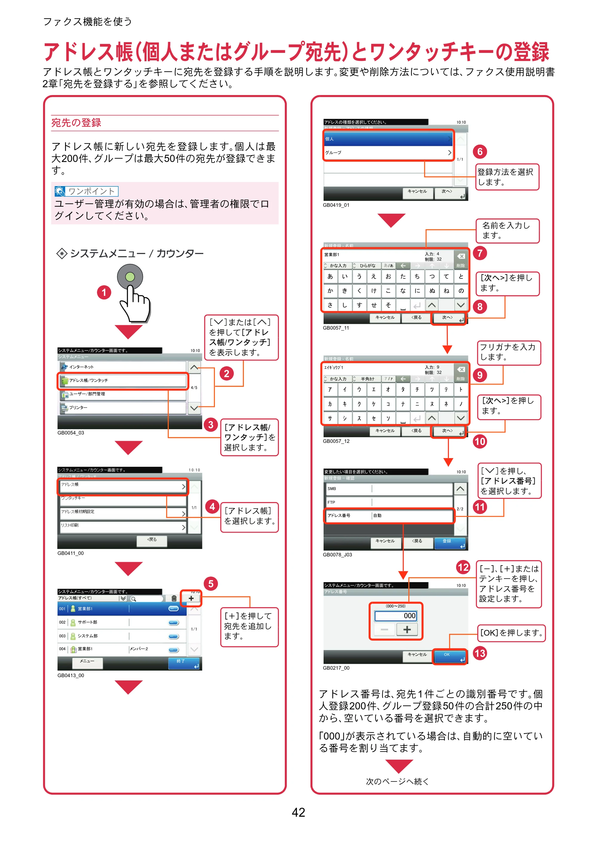 京セラ TASKalfa 256i / TASKalfa 306i "TASKalfa 256i/TASKalfa 306i クイックガイド — アドレス帳（個人またはグループ宛先）とワンタッチキーの登録 — 原本ページ — 42ページ
