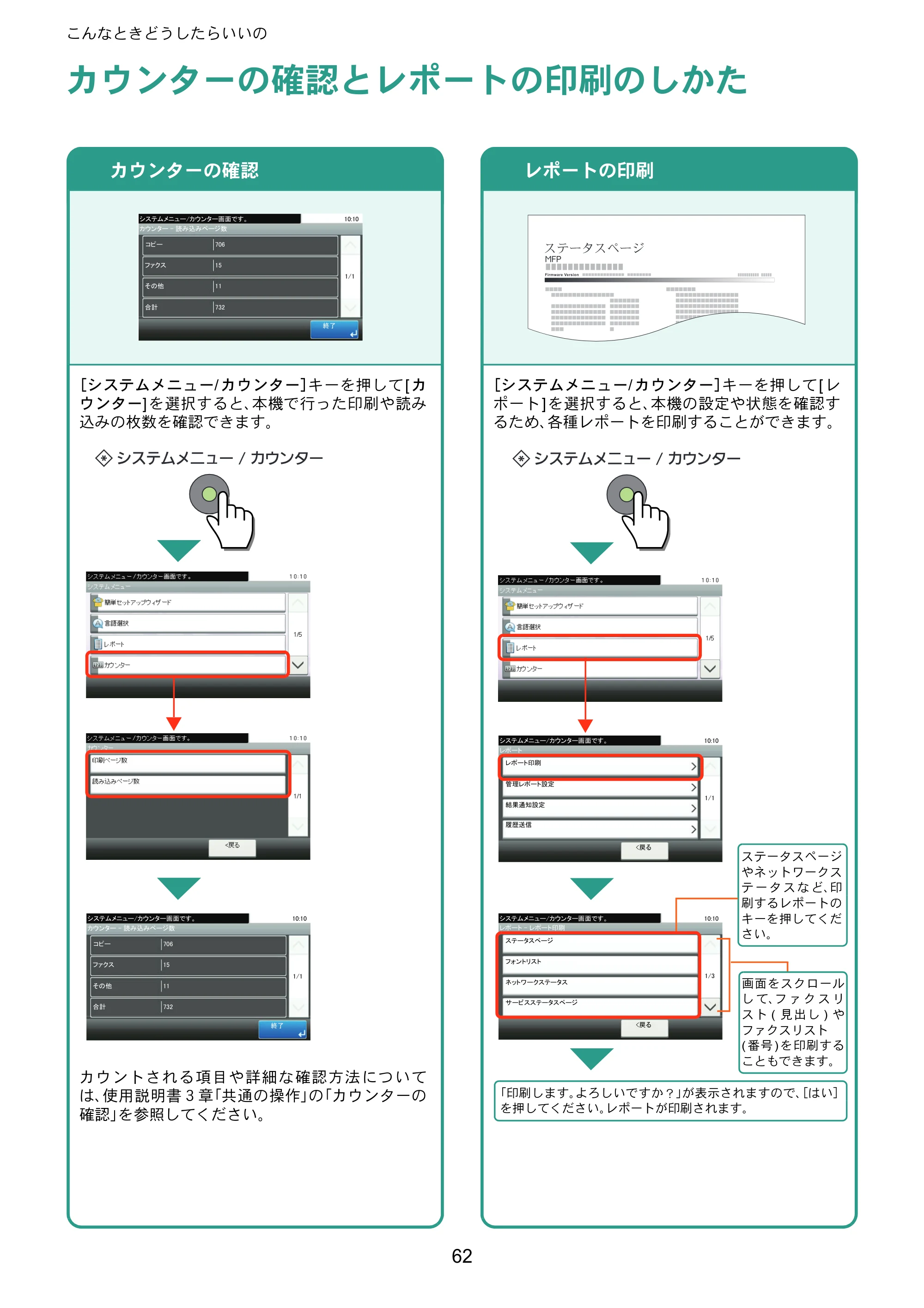 京セラ TASKalfa 256i / TASKalfa 306i "TASKalfa 256i/TASKalfa 306i クイックガイド — カウンターの確認とレポートの印刷のしかた — 原本ページ — 62ページ