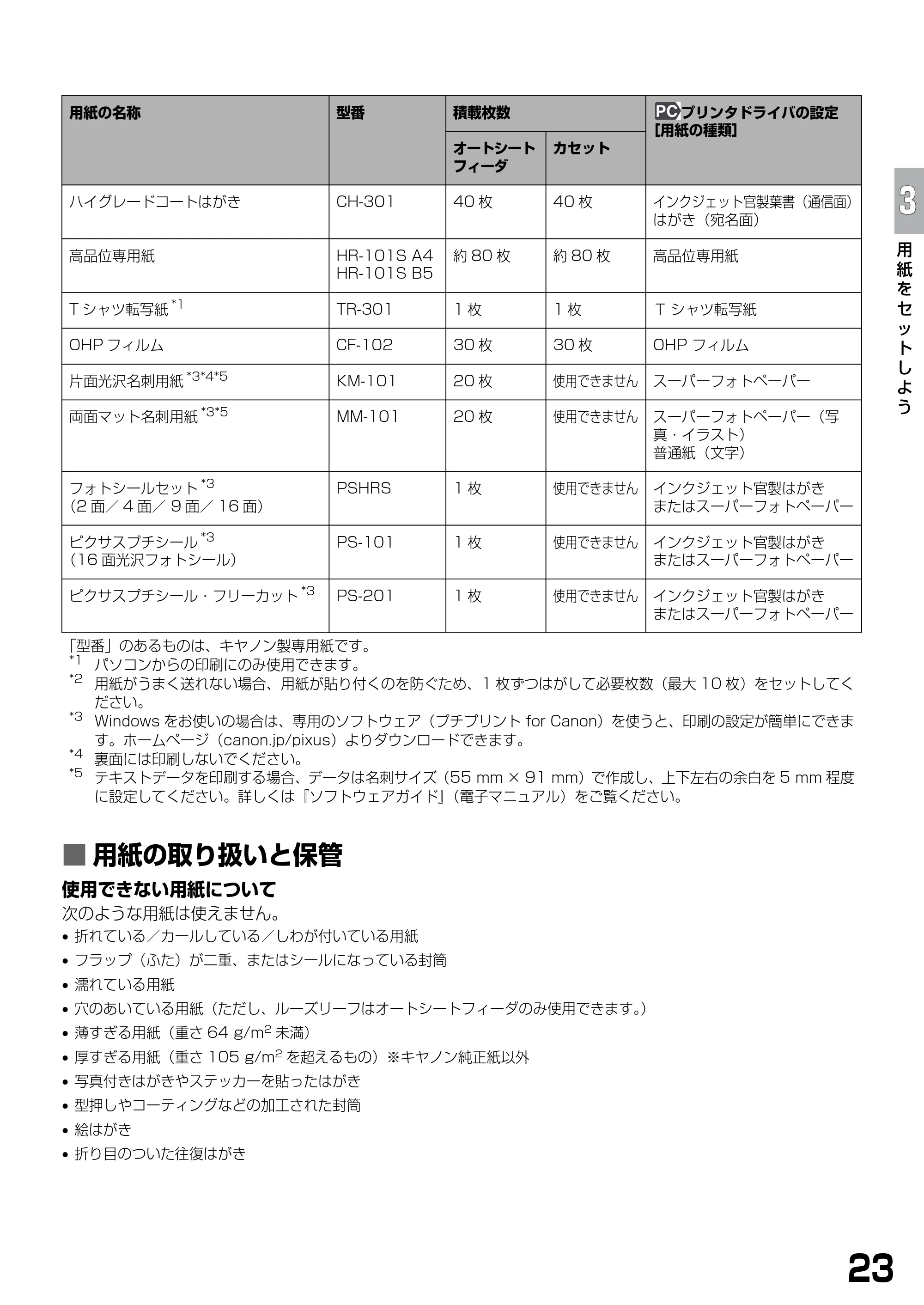 キヤノン PIXUS MP770 基本操作ガイド （PDF形式／6.02Mバイト） — ■ 用紙の取り扱いと保管 — 原本ページ — 25ページ