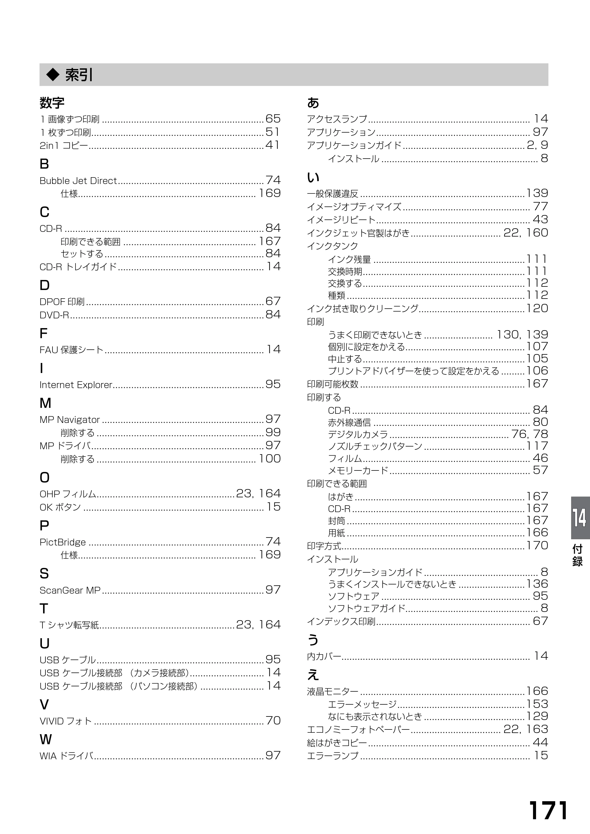 キヤノン PIXUS MP770 基本操作ガイド （PDF形式／6.02Mバイト） — ◆ 索引 — 原本ページ — 173ページ