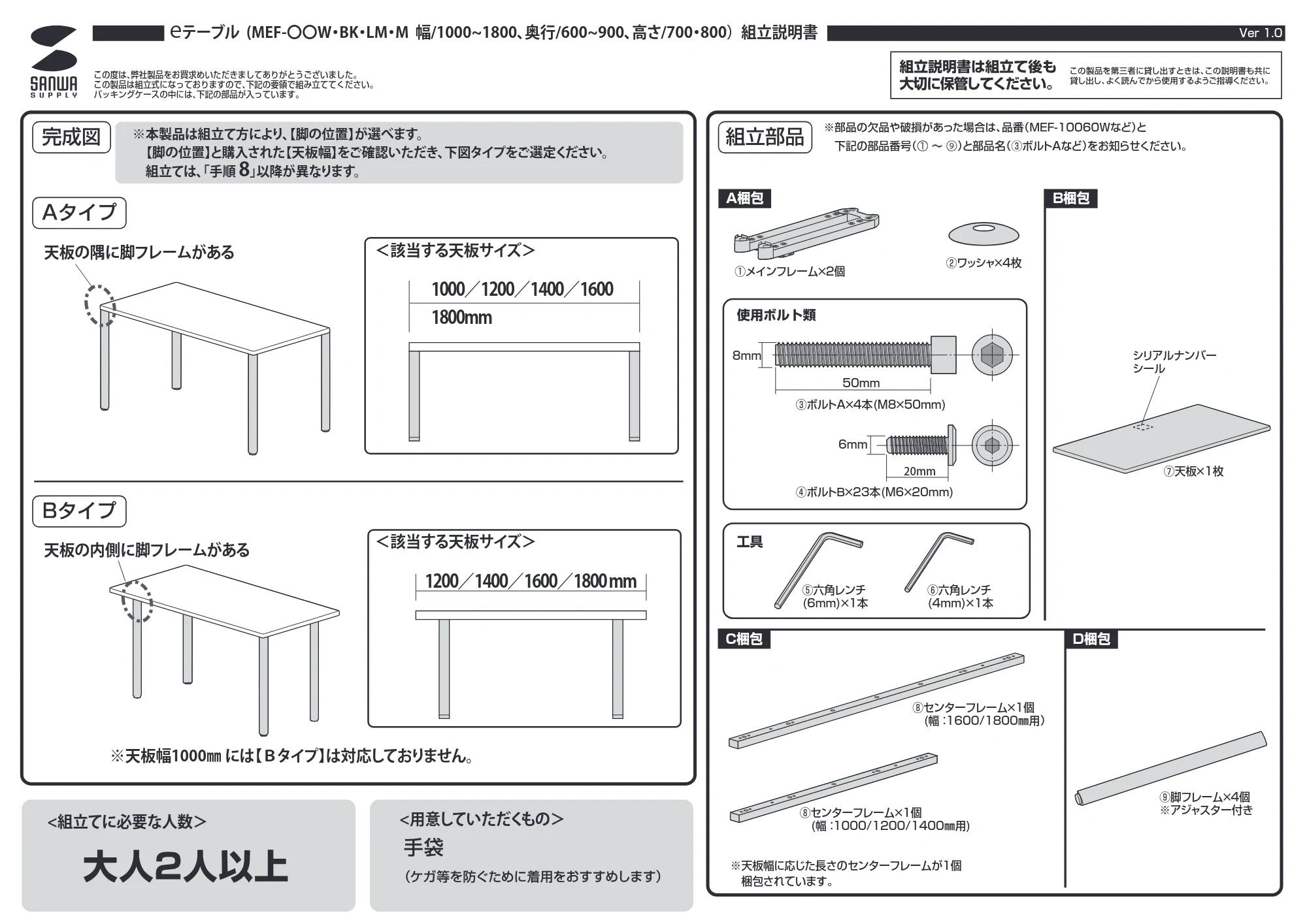 サンワサプライ MEF-12060BKLM80 / MEF-14080BKLM / MEF-12080BKLM 組立説明書 — 原本ページ — 1ページ