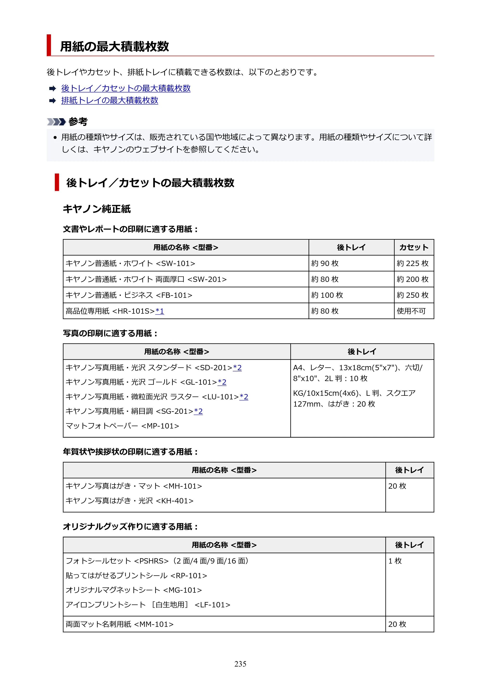 キヤノン GX4030 GX4030 (PDF) オンラインマニュアル 取扱説明書 2026年3月19日掲載（PDF：8.2MB） — 用紙の最大積載枚数 — 原本ページ — 235ページ