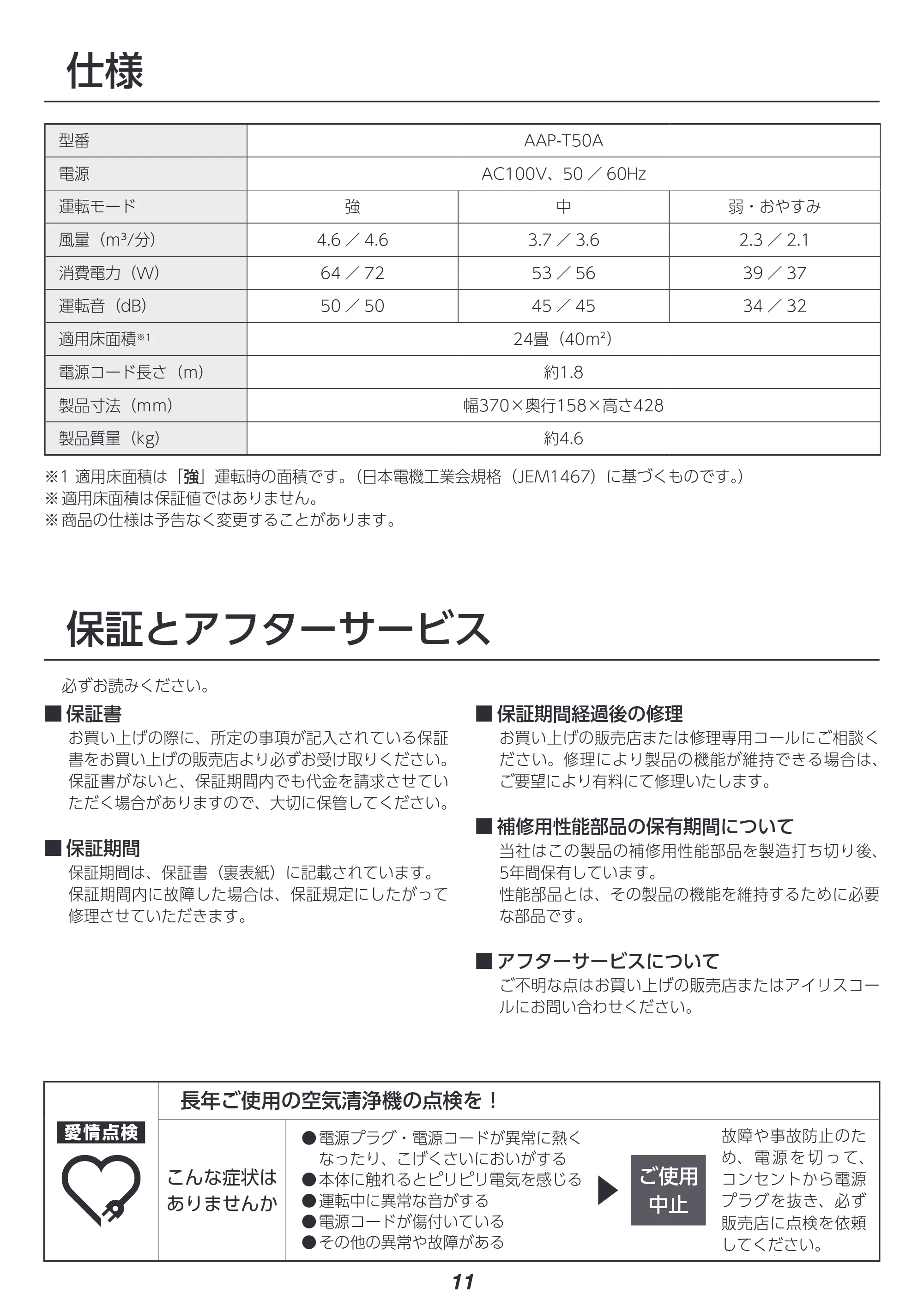 アイリスオーヤマ AAP-T50A 取扱説明書 — 原本ページ — 11ページ