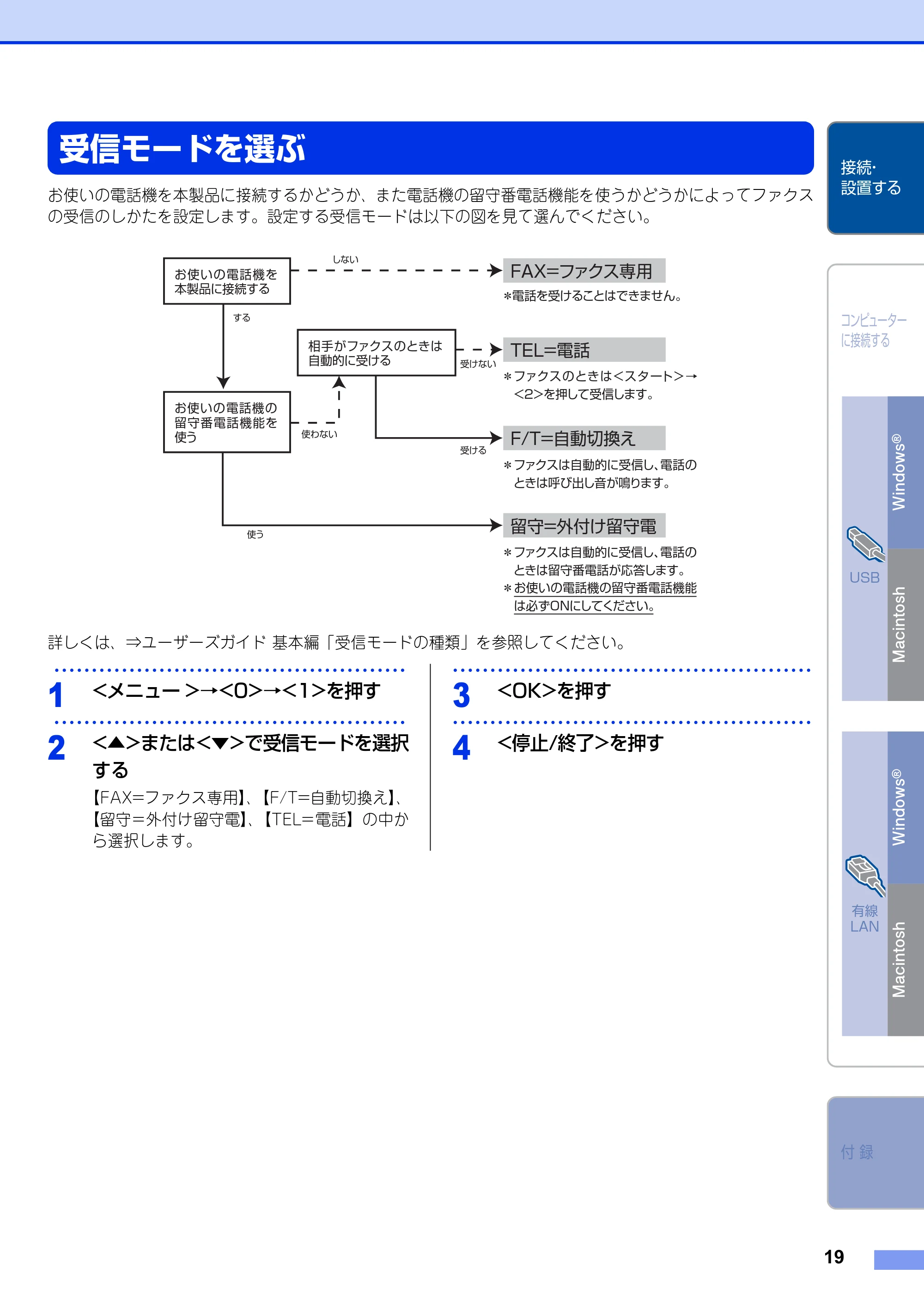 ブラザー MFC-8520DN かんたん設置ガイド — 受信モードを選ぶ — 原本ページ — 19ページ