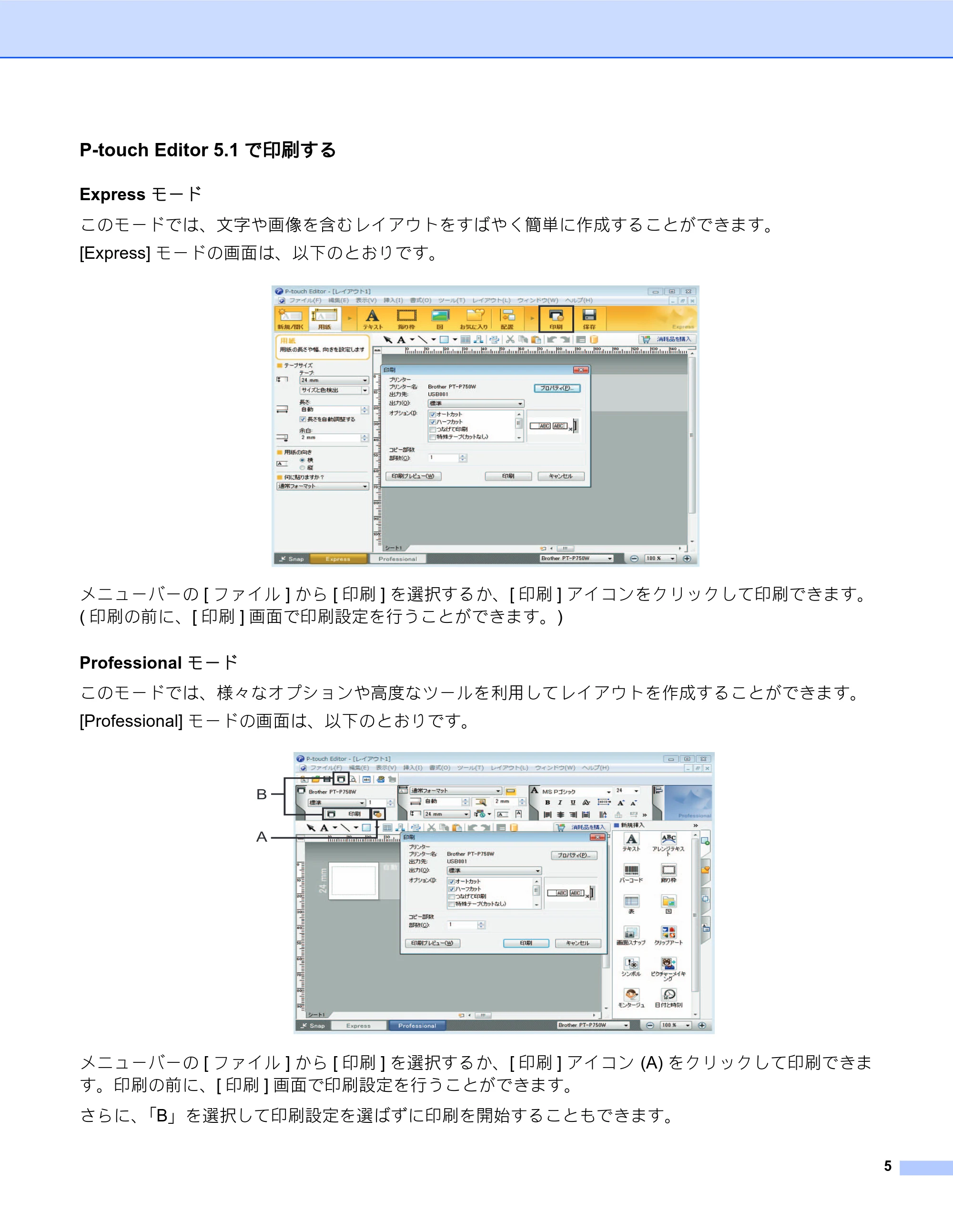 ブラザー PT-D600 P-touch Editor の起動方法 — P-touch Editor 5.1で印刷する — 原本ページ — 6ページ