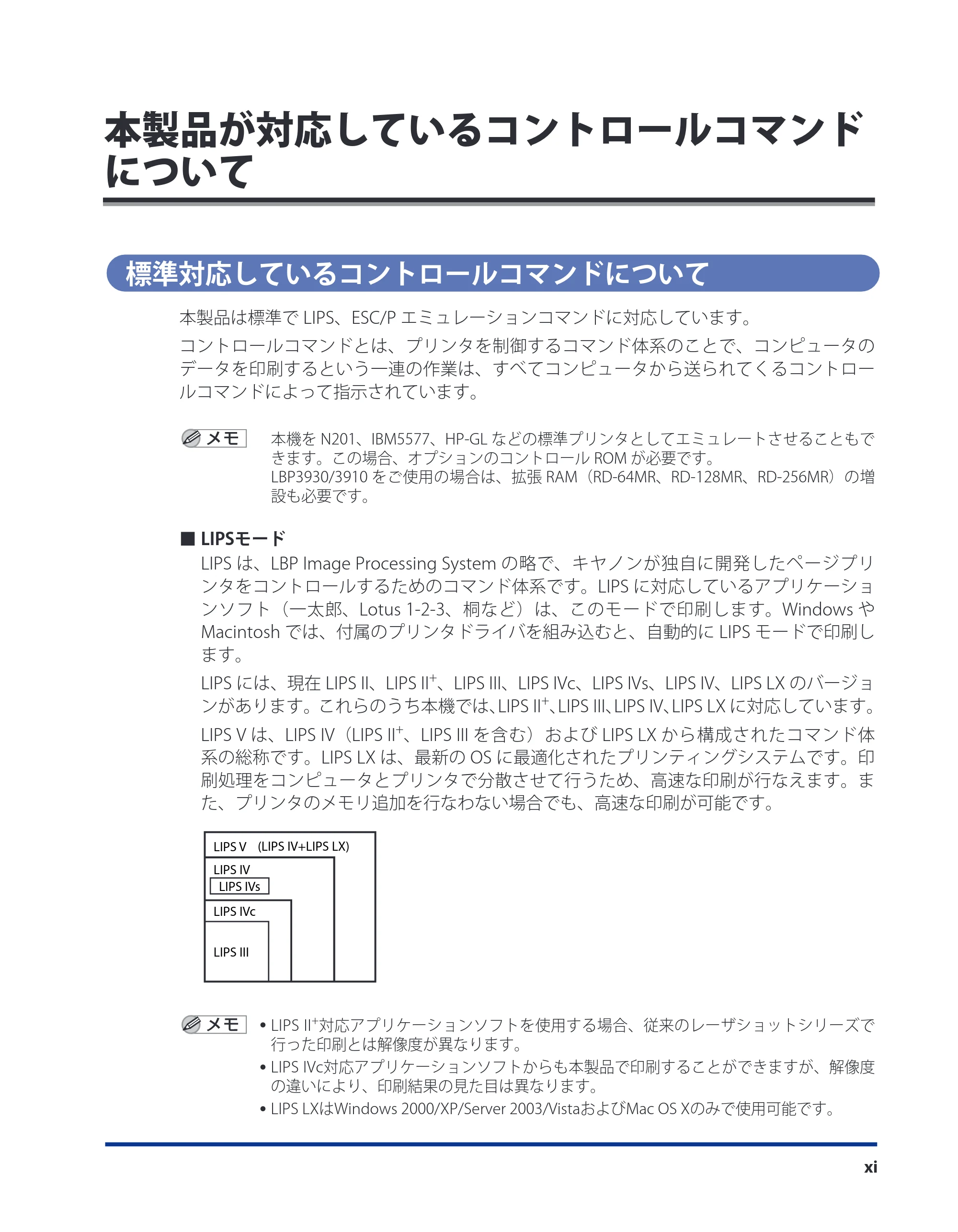 キヤノン LBP3930/3910 LIPS機能ガイド 2008年5月20日更新 （PDF形式／4.24Mバイト） — 本製品が対応しているコントロールコマンドについて — 原本ページ — 13ページ