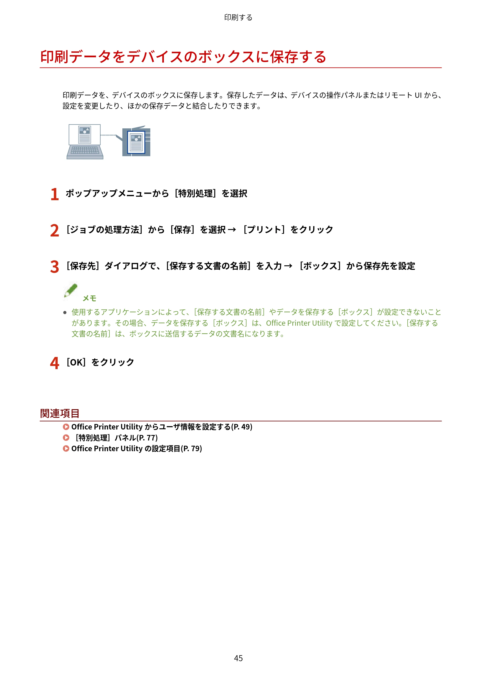キヤノン WG7350F/7350FM macOS LIPSLX プリンタードライバー ユーザーズガイド 2018年12月7日更新（PDF：1.19MB） — 印刷データをデバイスのボックスに保存する — 原本ページ — 48ページ