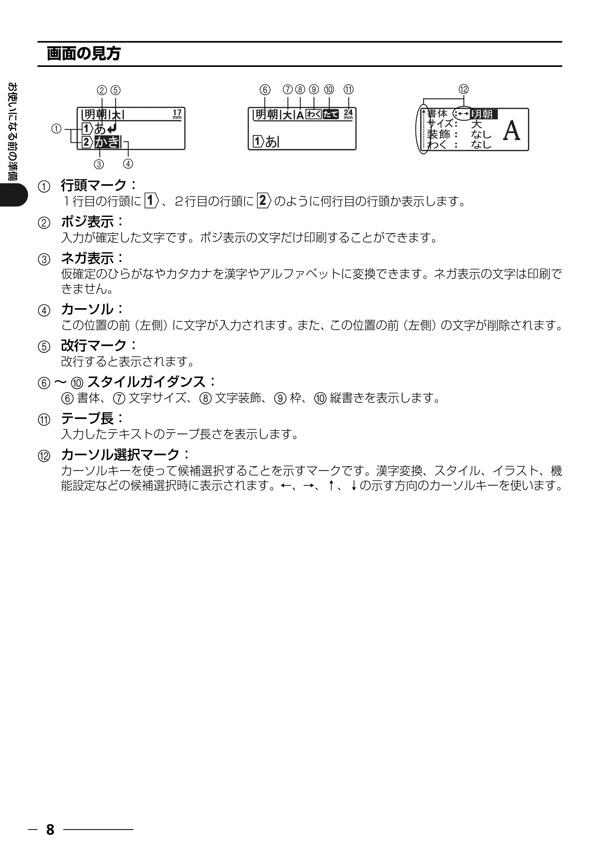 ブラザー PT-18N/18R 取扱説明書 — 画面の見方 — 原本ページ — 10ページ