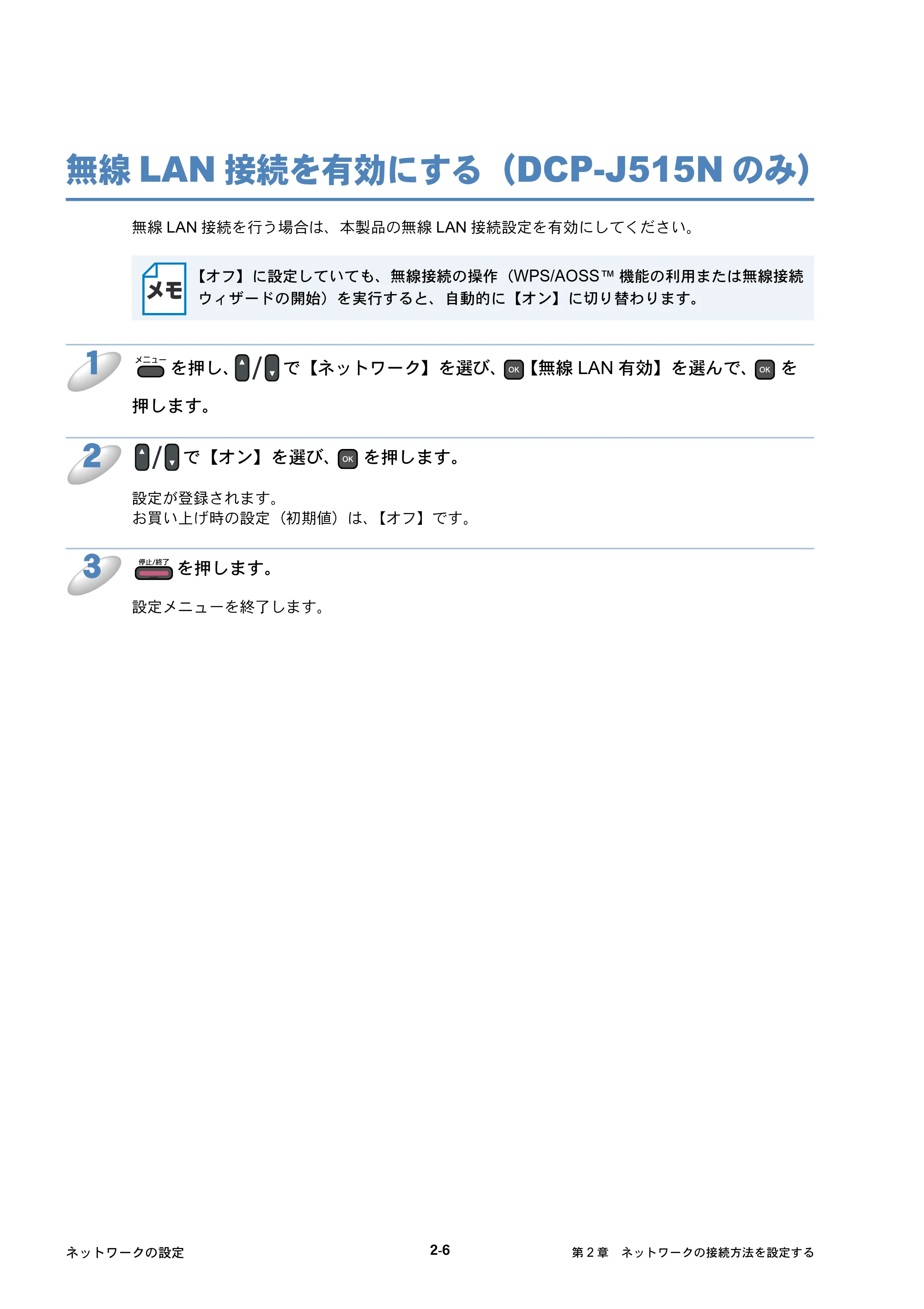 ブラザー DCP-J515N / DCP-J715N / MFC-J615N ユーザーズガイド ～ネットワーク設定編～ — 無線LAN接続を有効にする（DCP-J515Nのみ） — 原本ページ — 25ページ