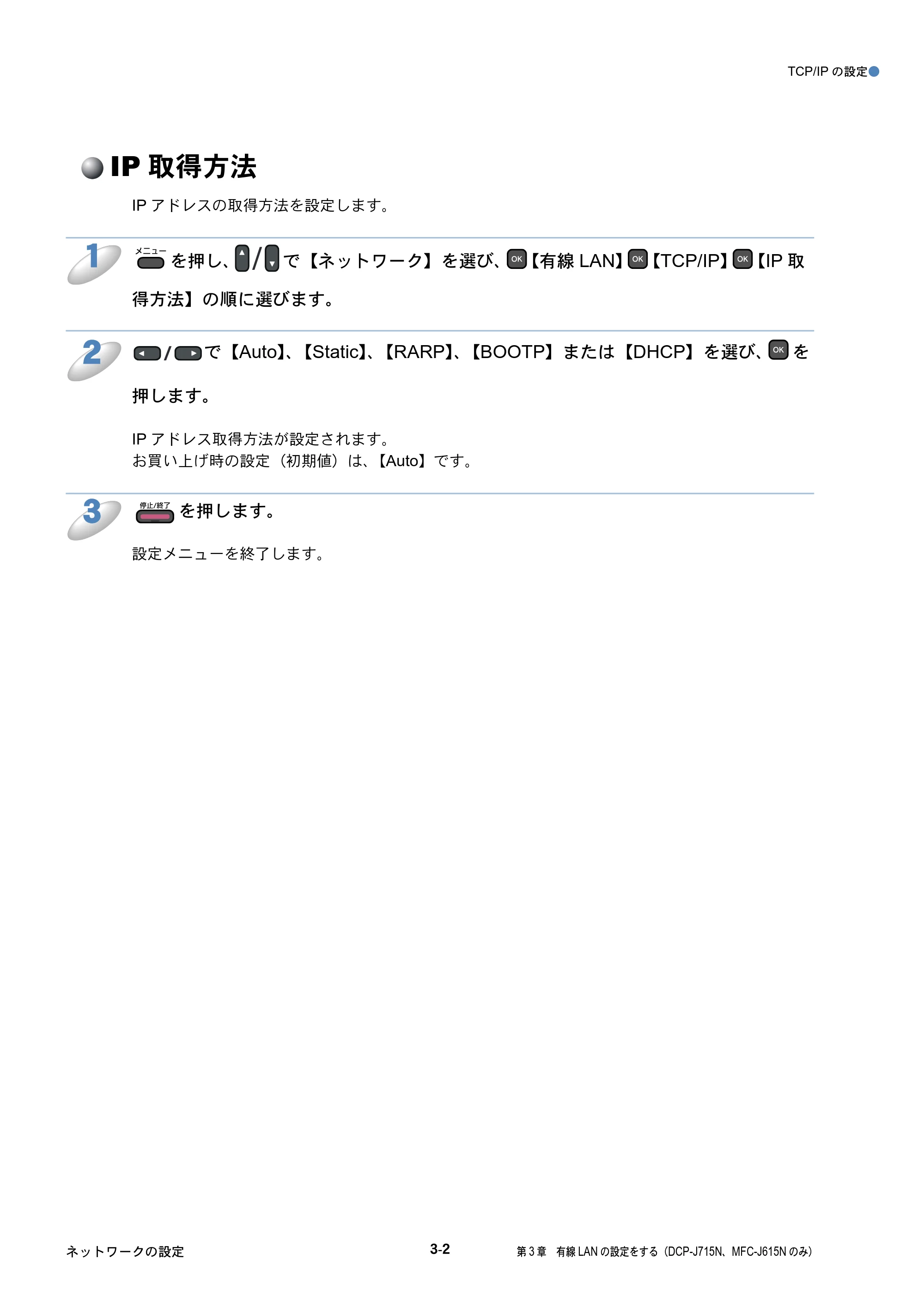 ブラザー DCP-J515N / DCP-J715N / MFC-J615N ユーザーズガイド ～ネットワーク設定編～ — IP取得方法 — 原本ページ — 31ページ