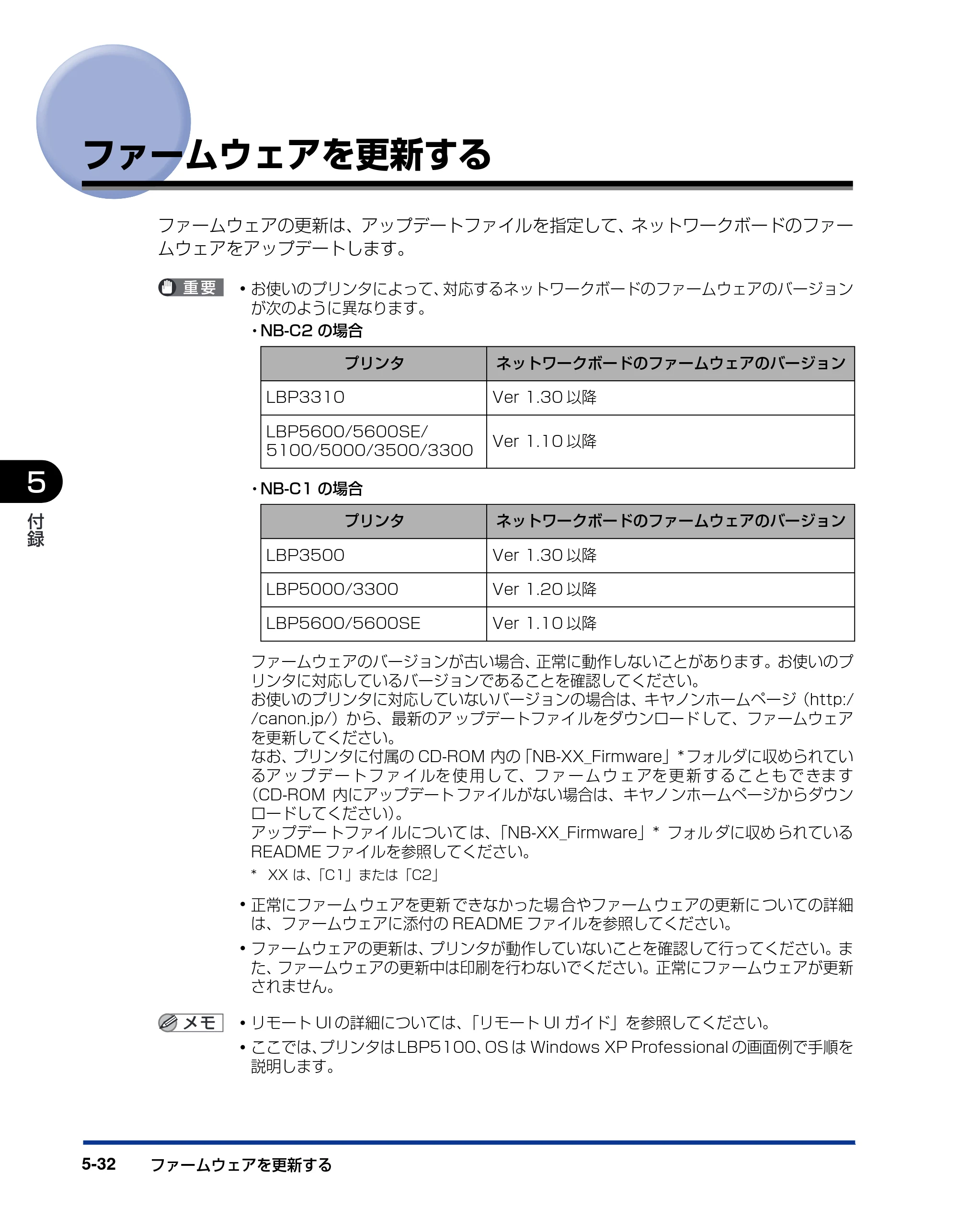 キヤノン LBP5000 ネットワークガイド／本編 2010年5月13日更新 （PDF形式／7.59Mバイト） — ファームウェアを更新する — 原本ページ — 206ページ